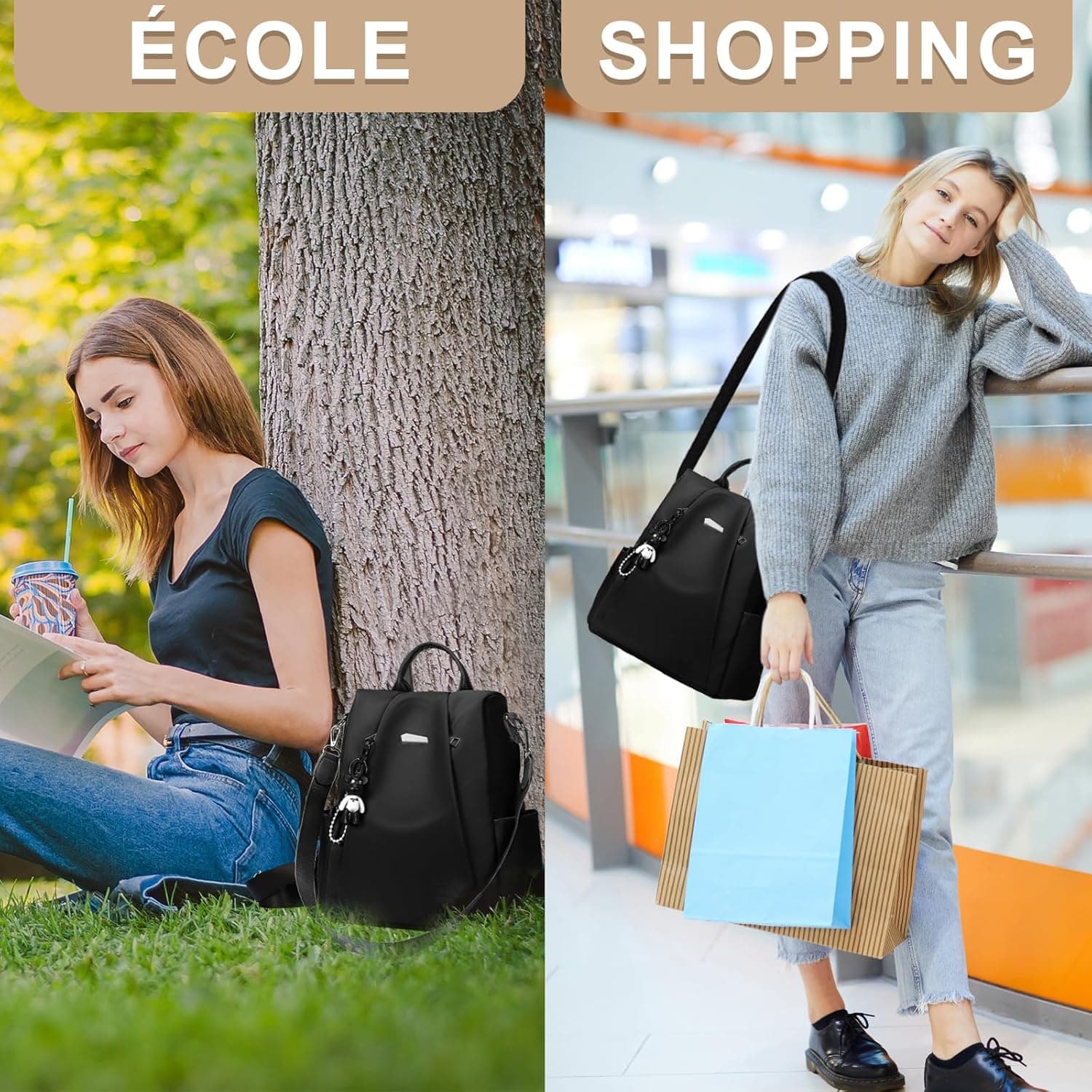 Eshow Sac à Dos Femme Antivol, Sacs à Main Portés Dos Femme, Petit Sac Bandoulière Fort Backpack Loisirs Casual Léger pour Voyage L'école Travail Université Collège Shopping Noir