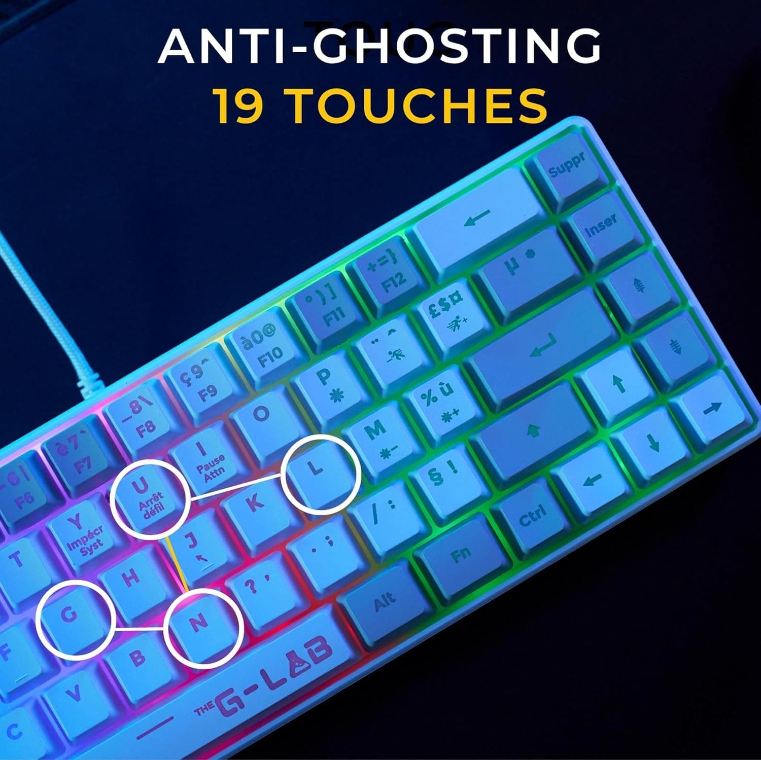 The G-Lab Keyz Hydrogen - Clavier Gamer Semi-mécanique 60% RGB AZERTY FR | Filaire USB, Format 60% Compact, Semi-mécanique, Rétroéclairage Multicolore, Silencieux, Blanc/Gris