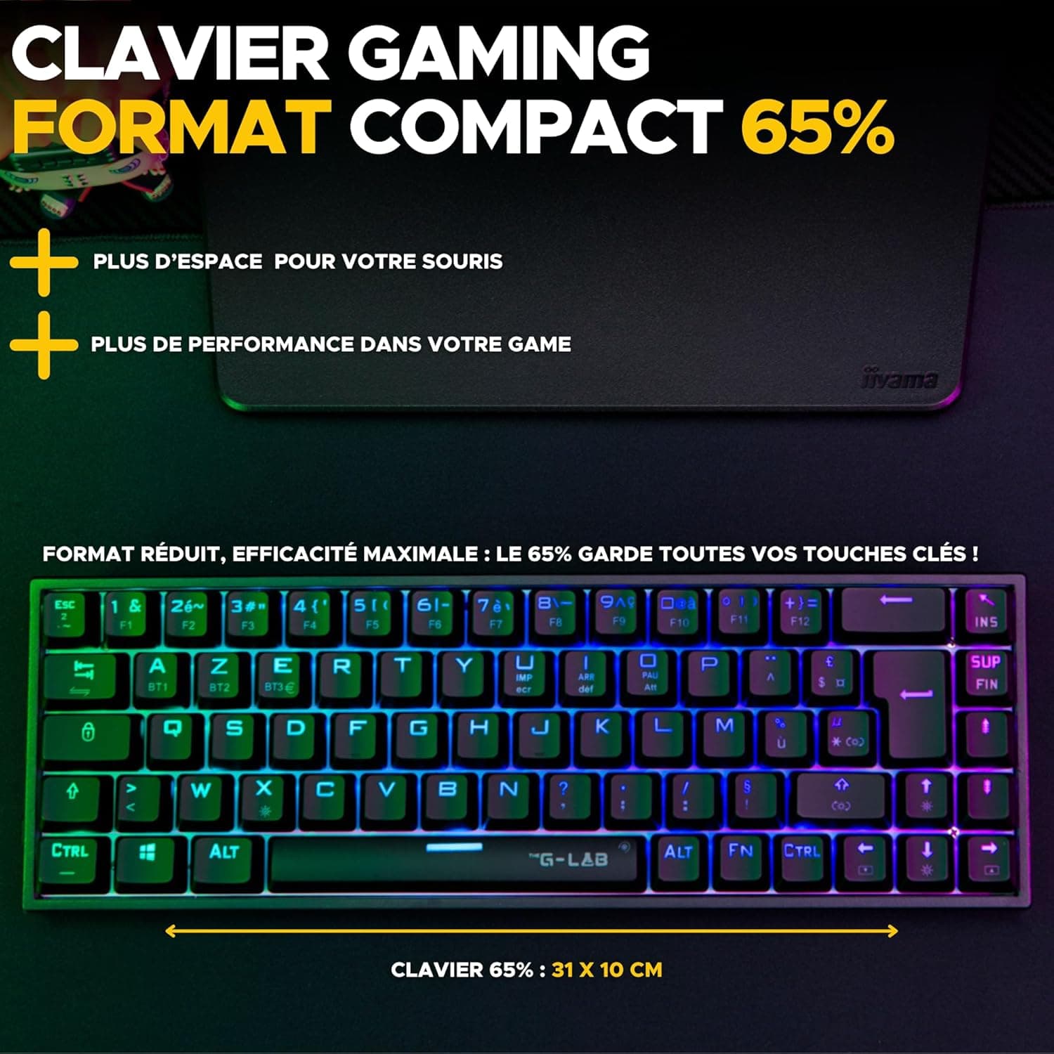 The G-Lab Keyz Titanium Noir - Clavier Gaming Mécanique 65% RGB AZERTY FR | Filaire USB, Format 65%, Switch Rouge Mécanique, RGB 100% Personnalisable, Anti-Ghosting, Macros Programmables