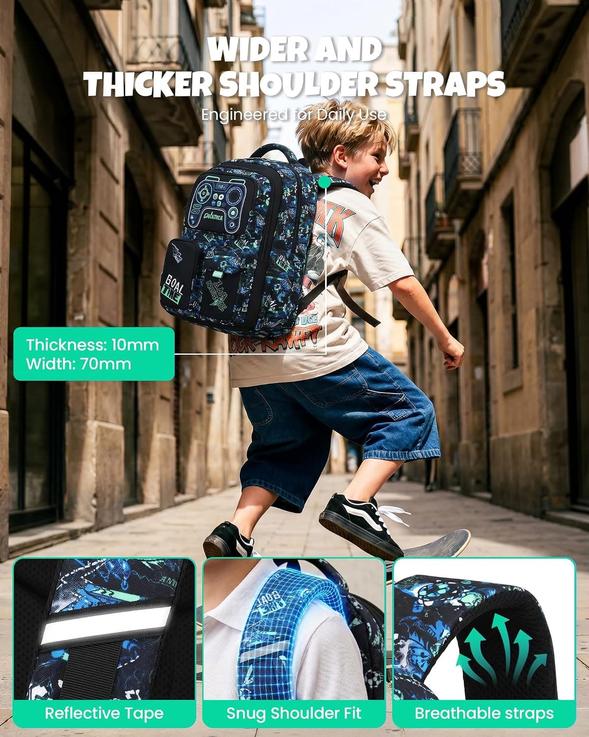 Amythe Cartable École Garçons Classes de 3 à 9 3 pièces Voyage Set, Noir | 3 pièces Grand Imperméable Bretelle Poitrine Compartiment Laptop Noir Daypack Multi-Poches Spacieux Robuste pour École