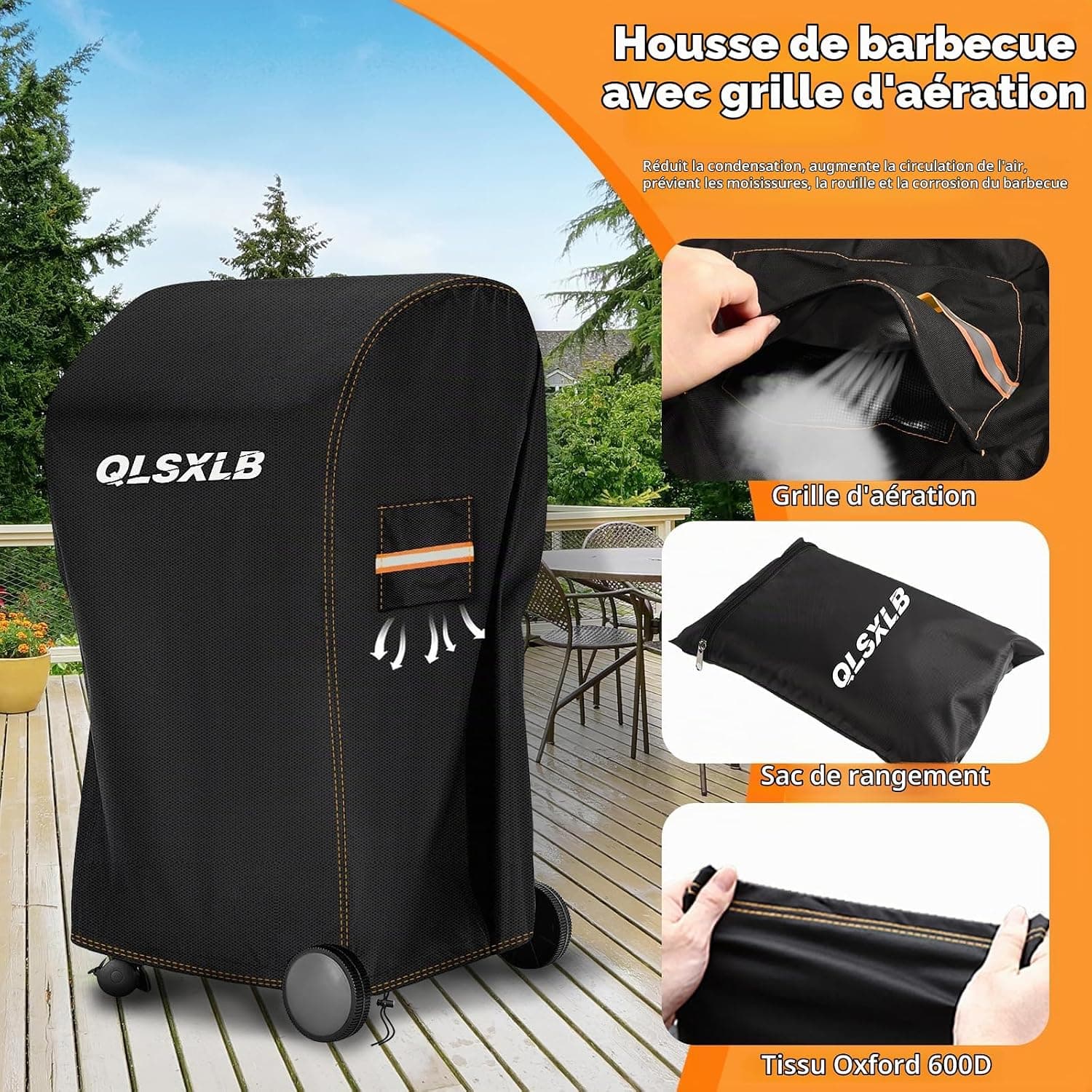 Housse Barbecue Exterieur, Oxford 600D Robuste Bache de Protection BBQ 77x70x110cm, Housse Plancha Gaz avec Bouche D'aération Anti-Vent/Anti-UV/Anti-l'eau/Anti-l'Humidité/Antipoussière Noir