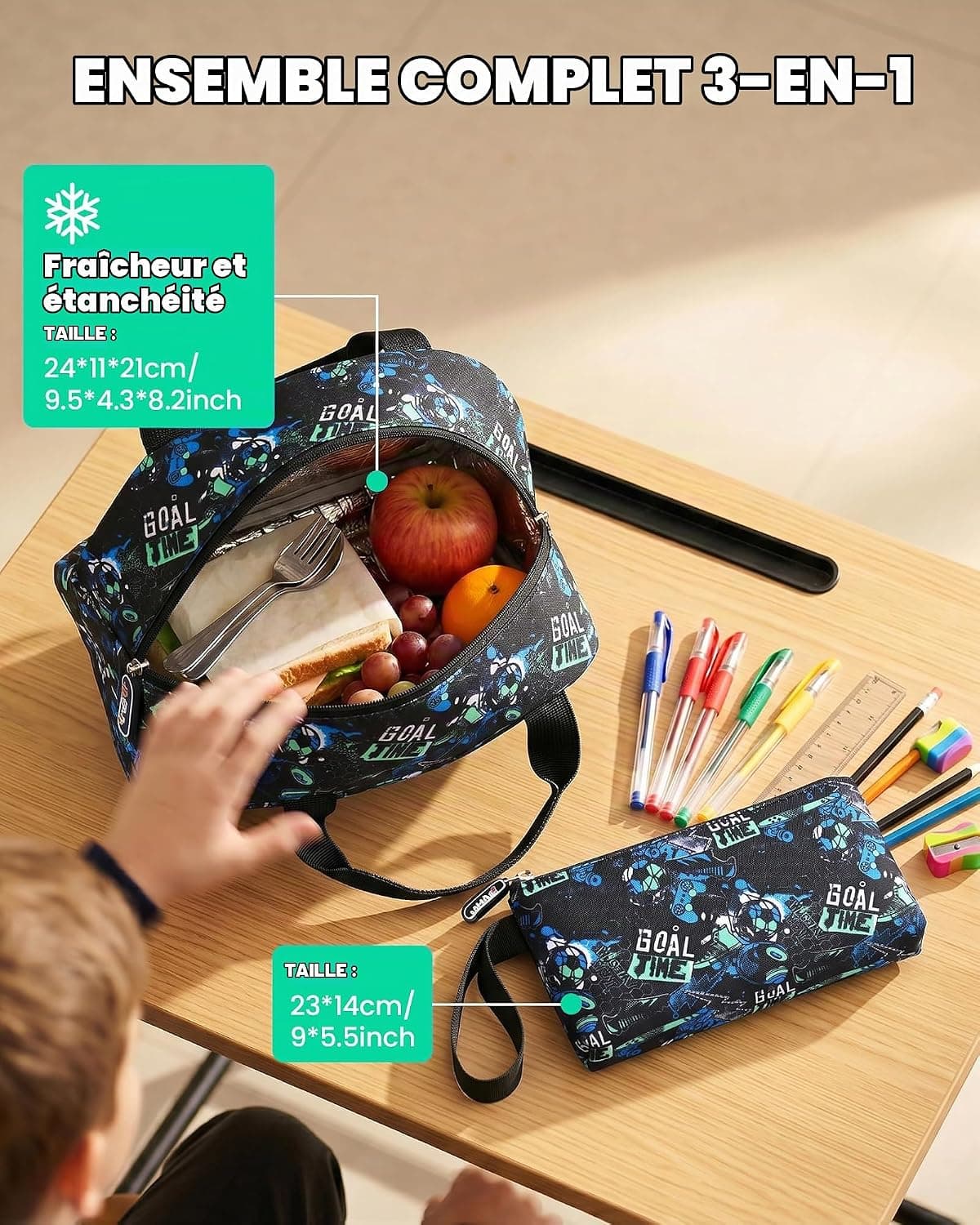 Amythe Cartable École Garçons Classes de 3 à 9 3 pièces Voyage Set, Noir | 3 pièces Grand Imperméable Bretelle Poitrine Compartiment Laptop Noir Daypack Multi-Poches Spacieux Robuste pour École