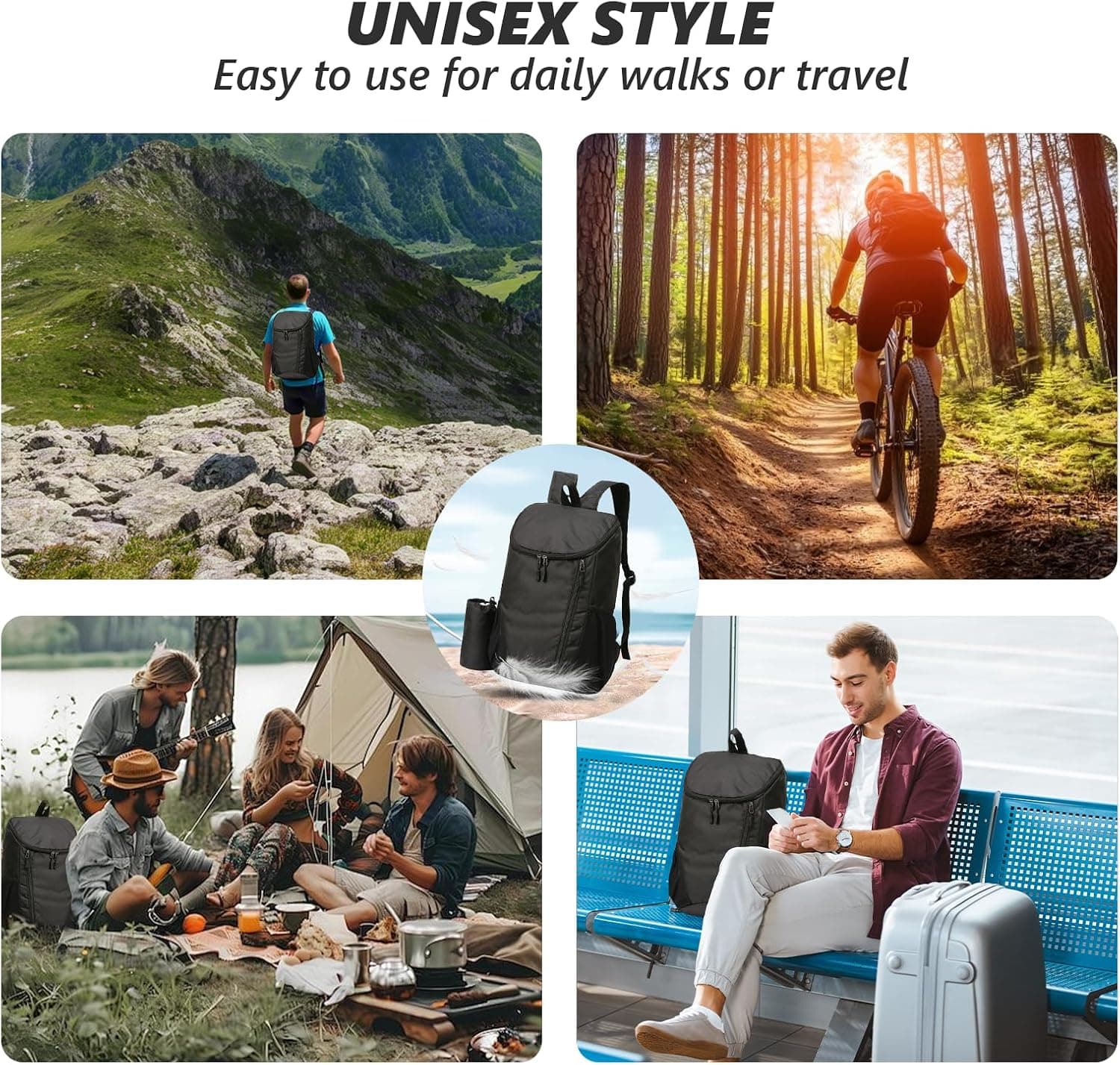 flintronic Sac à Dos Pliable Ultraléger, Sac à Dos de Randonnée, Sac à dos Imperméable Unisexe, Confort et Légèreté, pour le Sport en Plein air Marche Randonnée Camping et Vélo, Noir