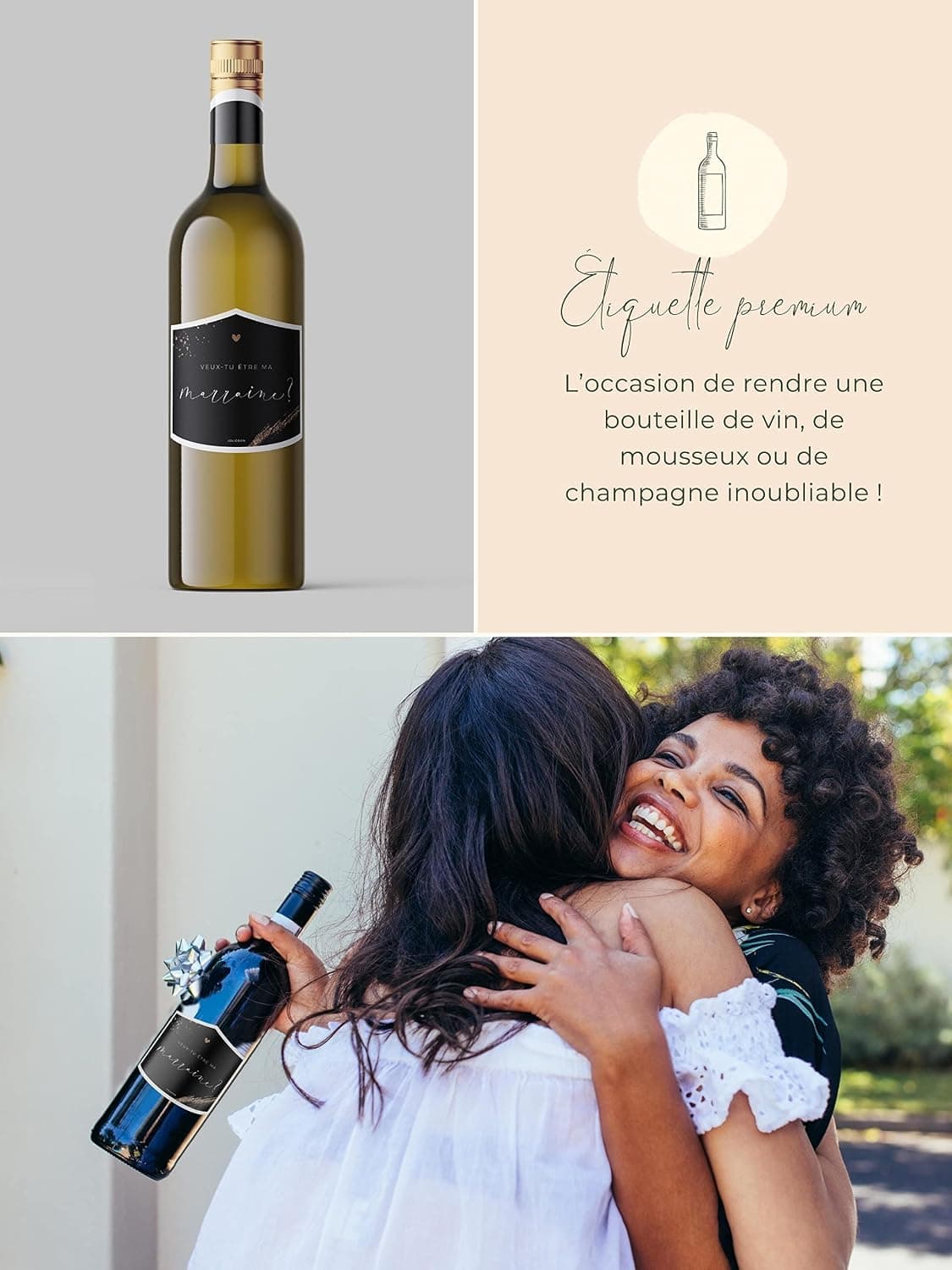 JoliCoon Étiquette bouteille Veux-tu être ma marraine, demande marraine | Papier nacré structuré, forte adhérence, pour bouteilles de vin, de champagne, de prosecco et autres formes de bouteilles