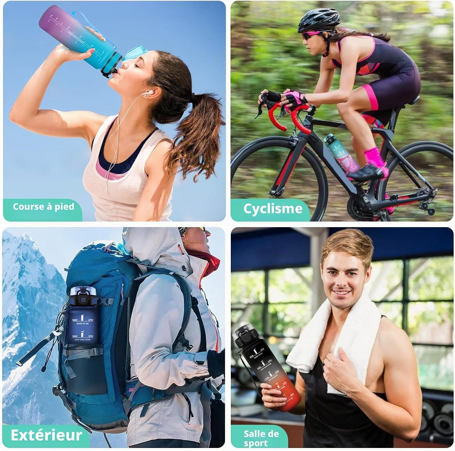 Gourde Sport, Sans BPA, Étanche & Réutilisable, Bouteille d'Eau avec Marqueur de Temps et Filtre, Convient Pour Enfant & Adulte