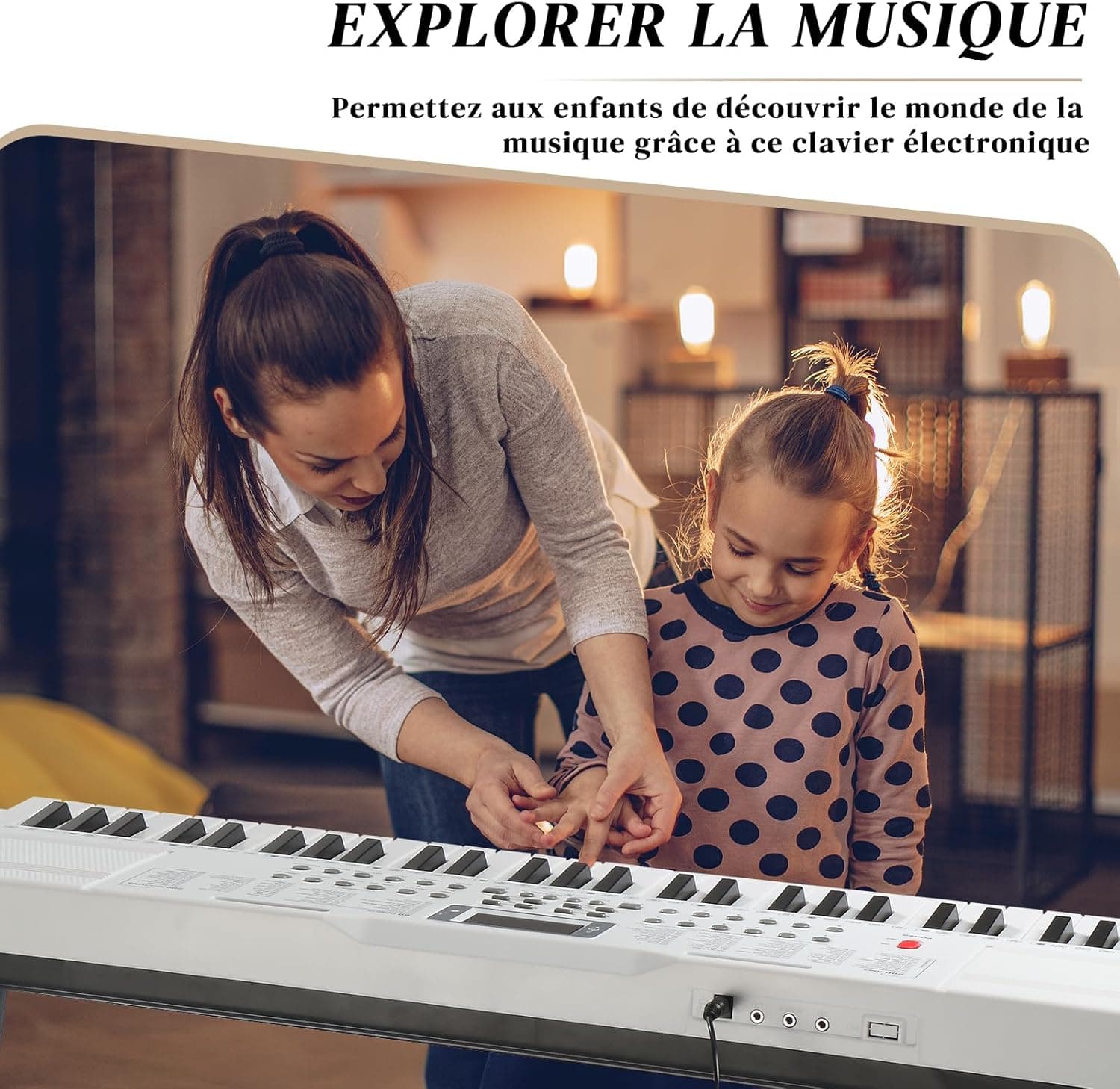 LALAHO Clavier Piano 61 Touches avec Support de Clavier, Banc de Piano, Piano Numérique avec Casque, Pupitre, Microphone, Écran LED, pour Débutants (Blanc)