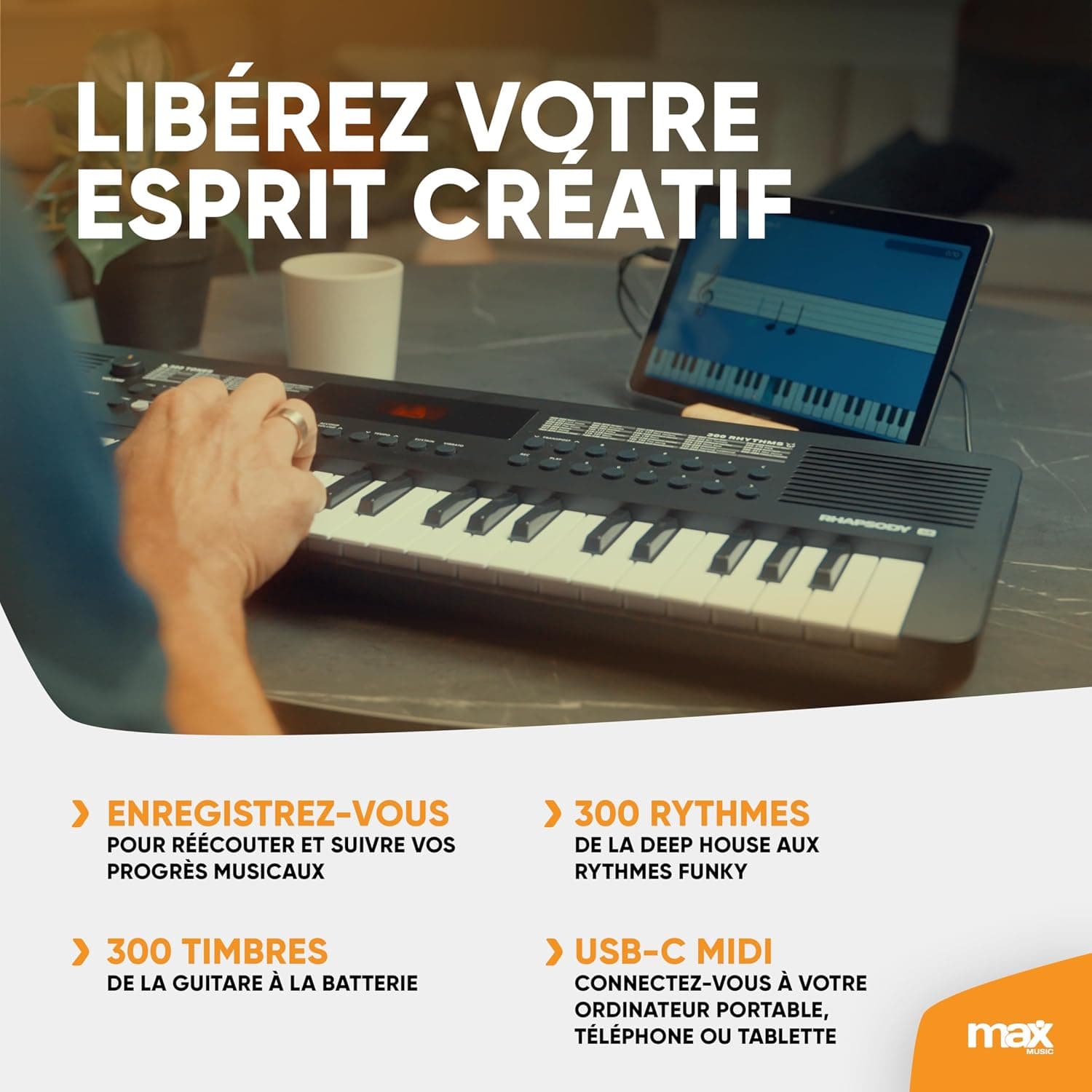 Max Rhapsody49 Clavier MIDI Électronique, 49 Touches, 300 Timbres, 300 Rythmes, Alimentation USB-C, Deux Haut-Parleurs Intégrés, Idéal pour les Producteurs de Musique et Home Studio