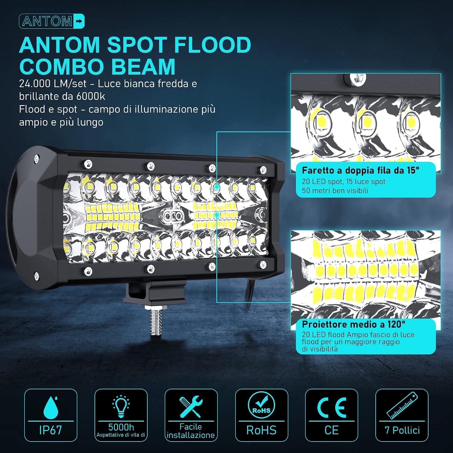 antom Phares de Travail LED 2PC 360W 7 Pouces 12/24V Tracteur | Projecteurs LED additionnels pour tracteur, engin agricole, véhicule de chantier, 4x4 et usage tout-terrain
