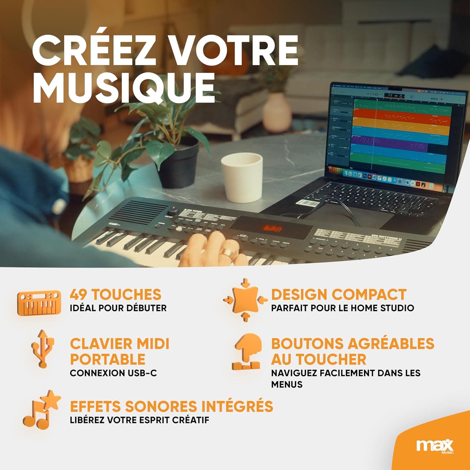Max Rhapsody49 Clavier MIDI Électronique, 49 Touches, 300 Timbres, 300 Rythmes, Alimentation USB-C, Deux Haut-Parleurs Intégrés, Idéal pour les Producteurs de Musique et Home Studio