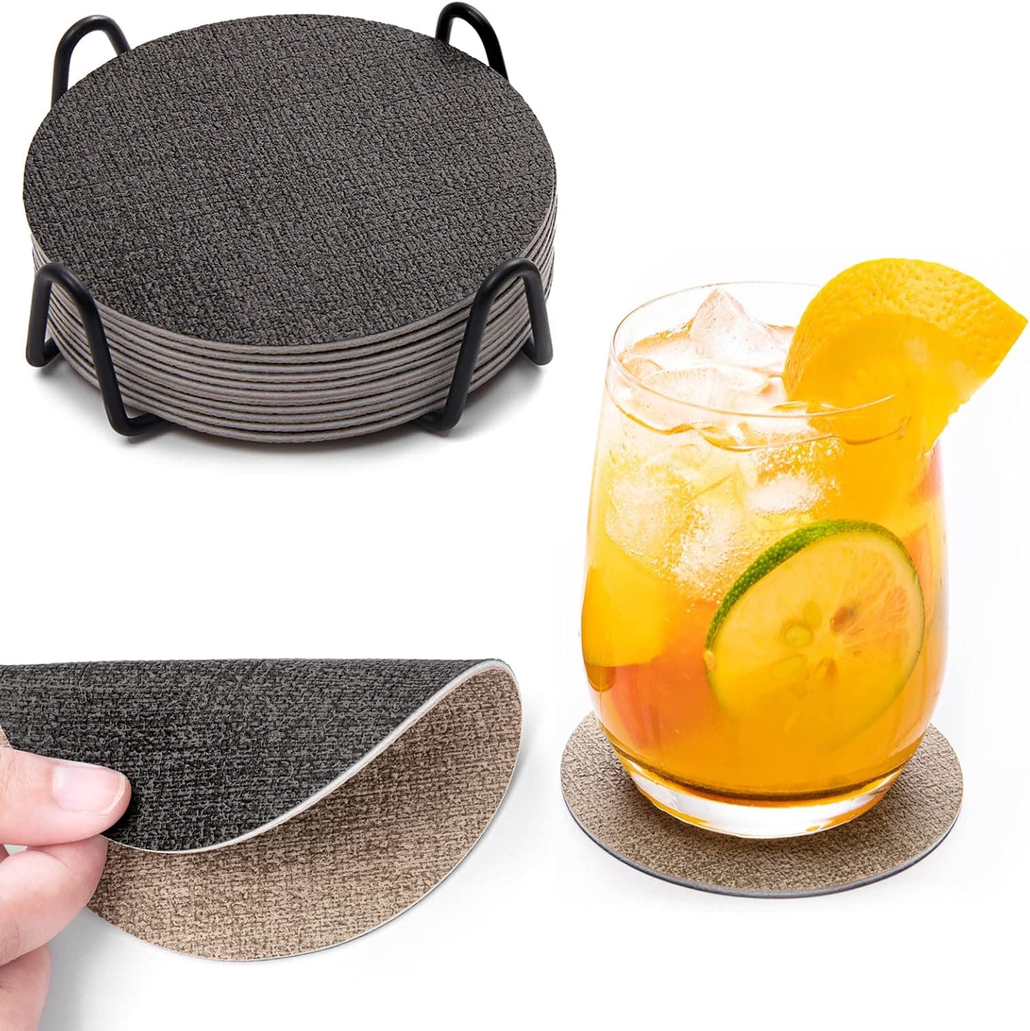 Dessous de Verre Rond en Cuir Lot de 12, Double Face Lavable sous