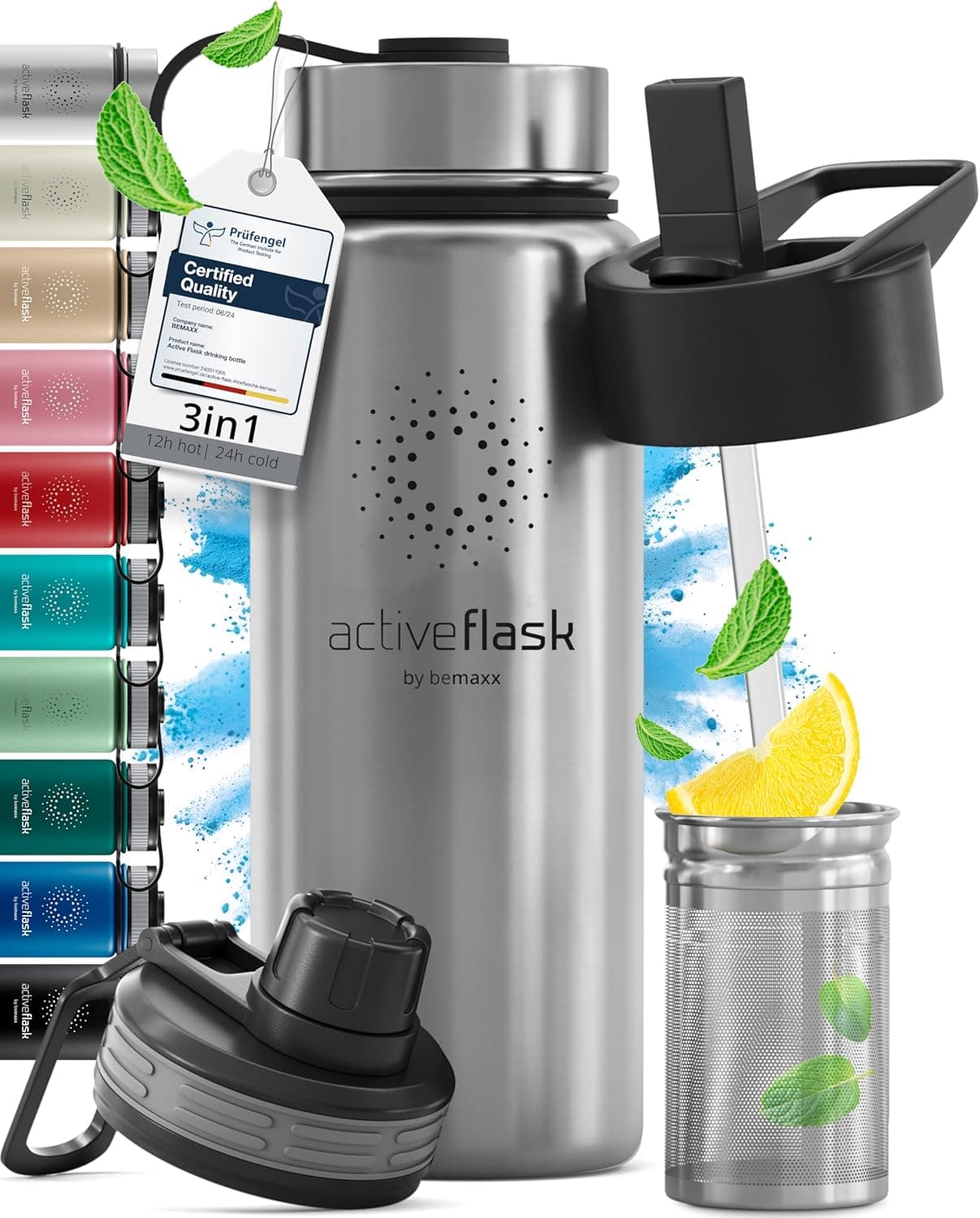 Gourde Inox Isotherme ACTIVE FLASK 1l/500ml sans BPA + Paille (3 Bouchons) | Bouteille d’eau Acier Inoxydable Isolée, Thermos Réutilisable | Camping Velo Sport Running Randonnée Enfant, Café The