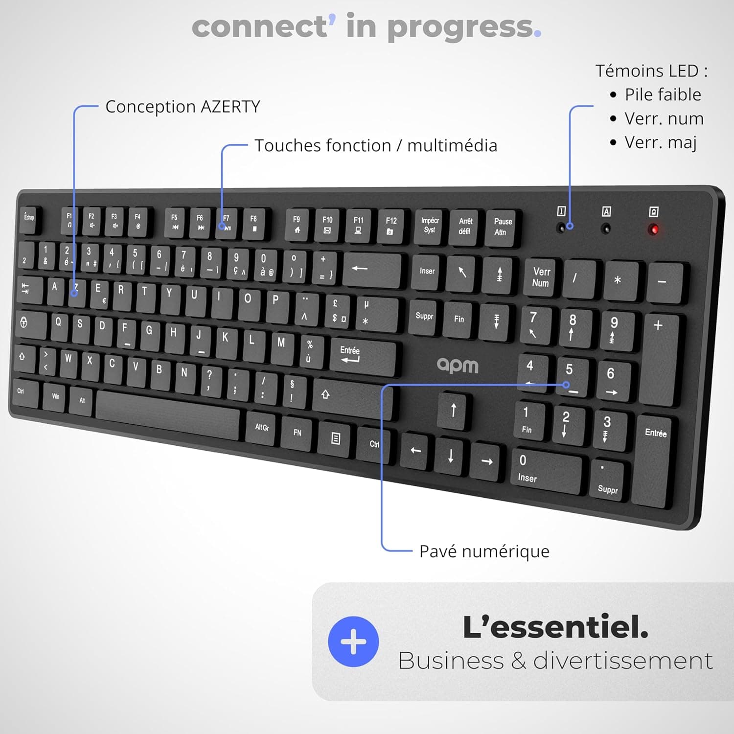 APM Clavier Sans-Fil, 2.4GHz, AZERTY, 105 Touches Ergonomiques, Raccourcis Multimédias, Compatible avec Ordinateur PC Portable MacOS Windows Linux, 100041