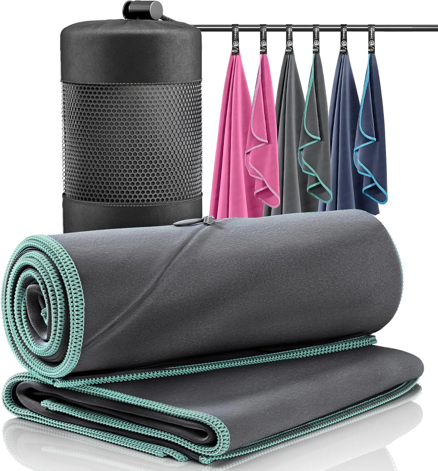Serviette Microfibre + Sac Transport | Lot de 2 - Petite & Grande: Serviette de Bain + Cheveux, Mains, Visage, Douche | Séchage Rapide et Ultraléger, Absorbantes | Voyage Sport Plage Camping Fitness