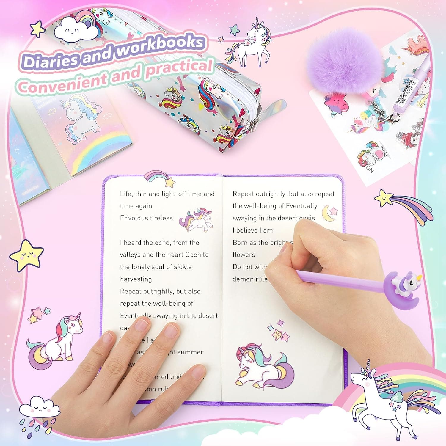 Cadeau de Papeterie Licorne pour Fille 6 7 8 9 10 11 12 Ans, Trousse, Stylo, Crayon et Carnet de Licorne, Ensemble de Jouets Licorne pour Filles, Violet