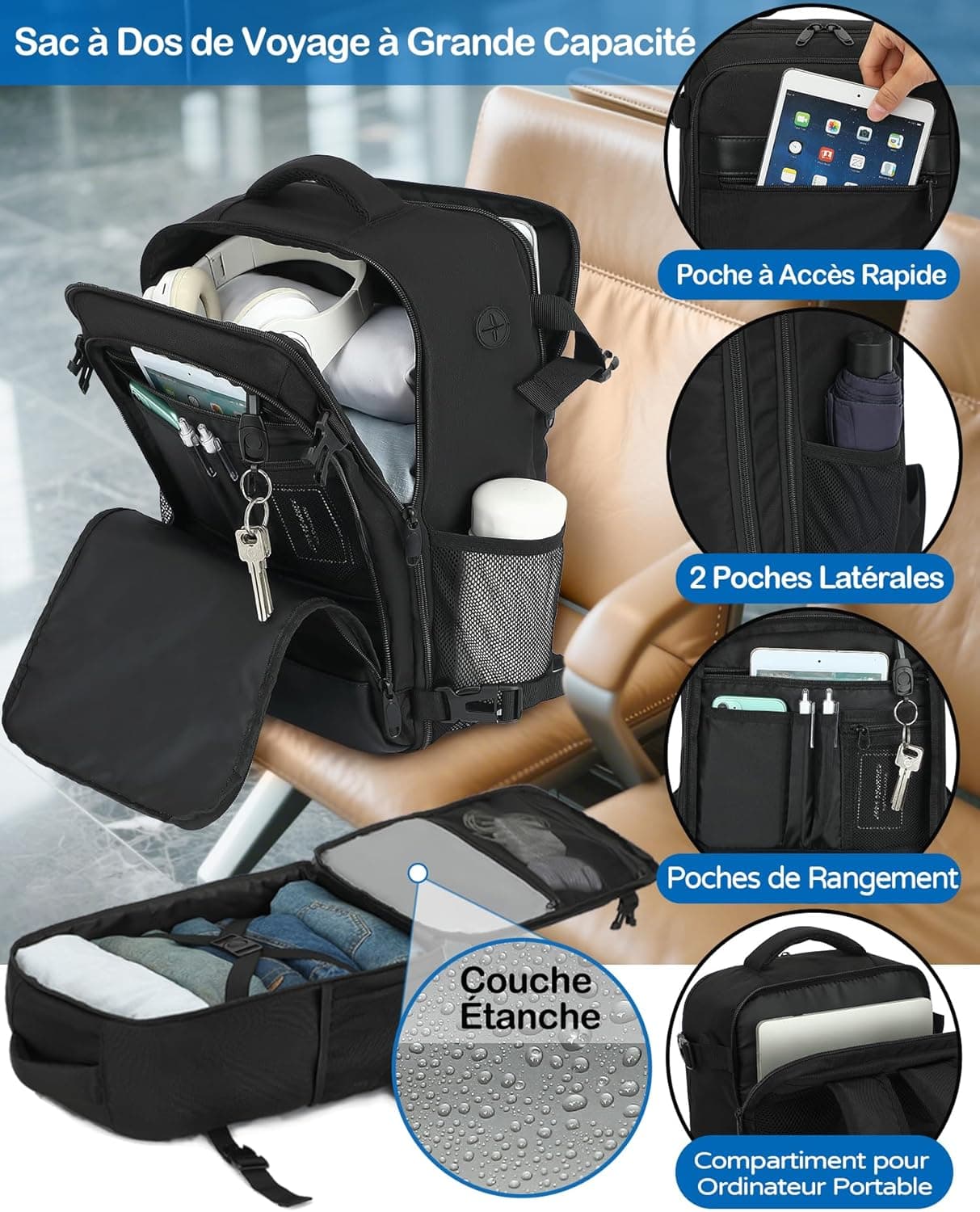 KLOSTAIN Sac a Dos Voyage Cabine Avion 40x20x25 Bagage Cabine pour Ryanair 20 L Femme Homme sous Siège Bagage à Main Petit Sac à Dos pour Ordinateur Portable 14 Pouces Noir