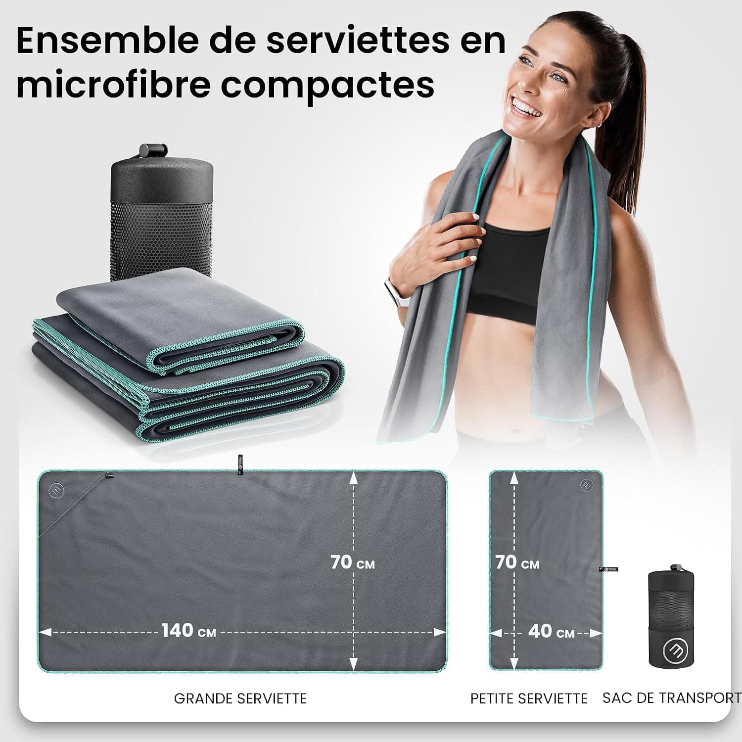 Serviette Microfibre + Sac Transport | Lot de 2 - Petite & Grande: Serviette de Bain + Cheveux, Mains, Visage, Douche | Séchage Rapide et Ultraléger, Absorbantes | Voyage Sport Plage Camping Fitness