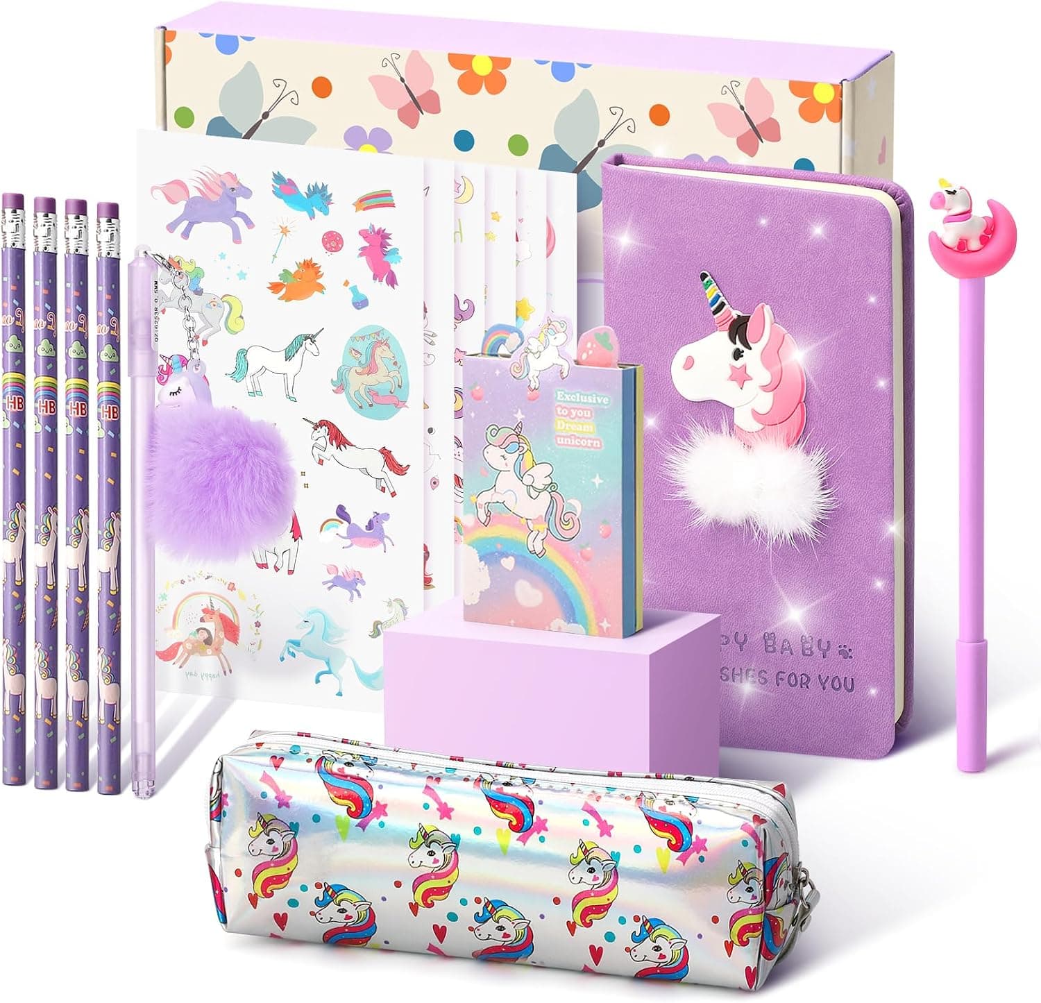 Cadeau de Papeterie Licorne pour Fille 6 7 8 9 10 11 12 Ans, Trousse, Stylo, Crayon et Carnet de Licorne, Ensemble de Jouets Licorne pour Filles, Violet