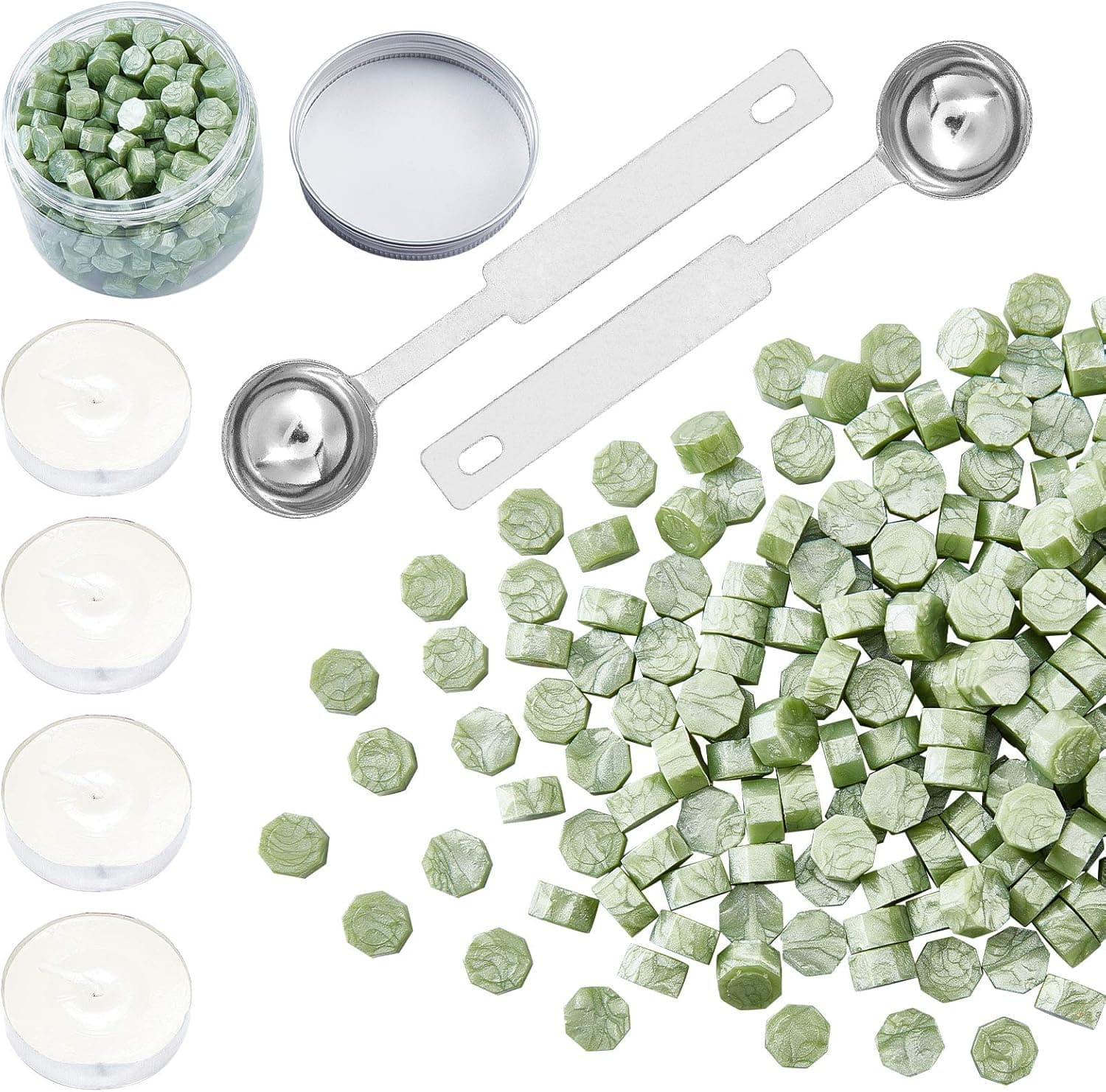 craspire 280 pièces de Perles de Cire à Cacheter Octogonales en Bâtonnets avec 4 Bougies à Thé et 2 cuillères à Fondre à Cire pour Cachet de Cachet de Cire (Vert)