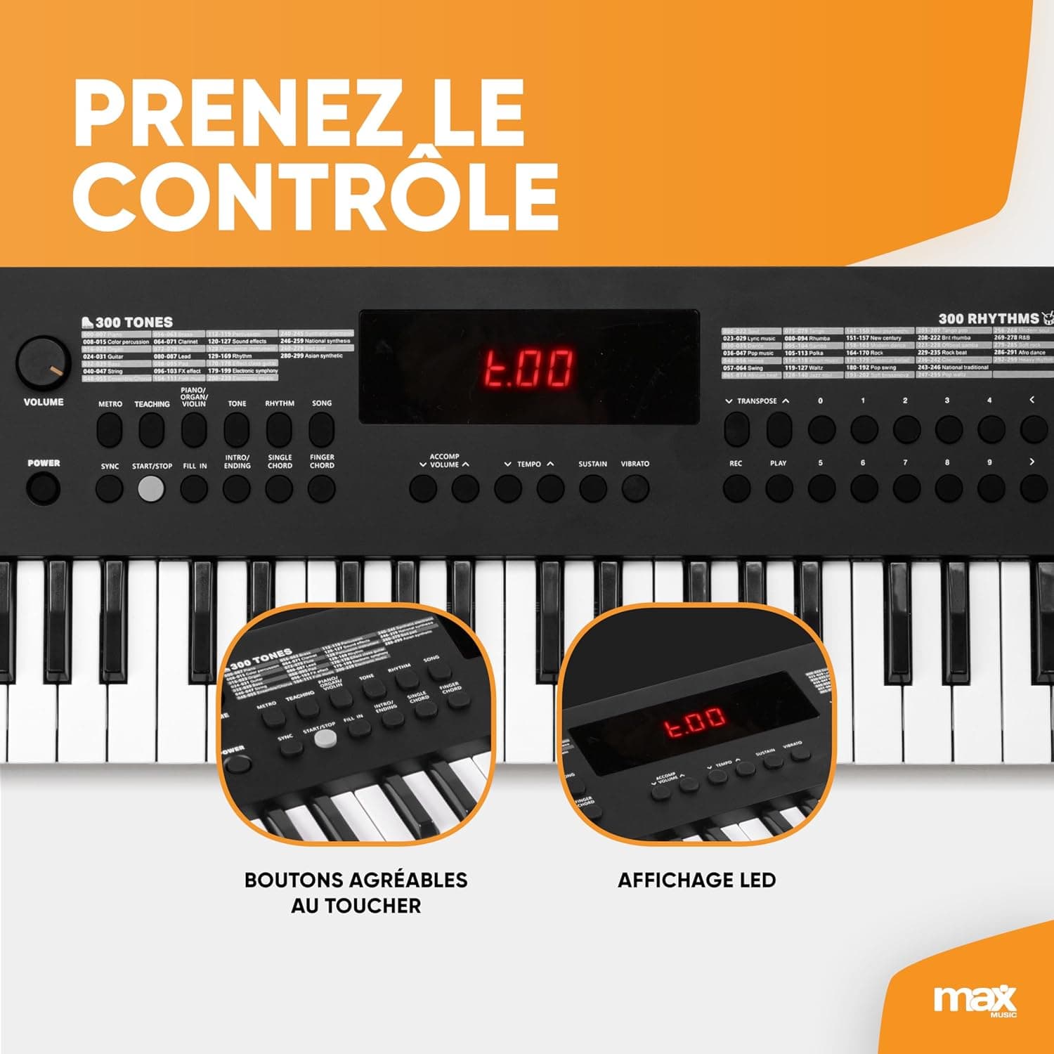 Max Rhapsody49 Clavier MIDI Électronique, 49 Touches, 300 Timbres, 300 Rythmes, Alimentation USB-C, Deux Haut-Parleurs Intégrés, Idéal pour les Producteurs de Musique et Home Studio