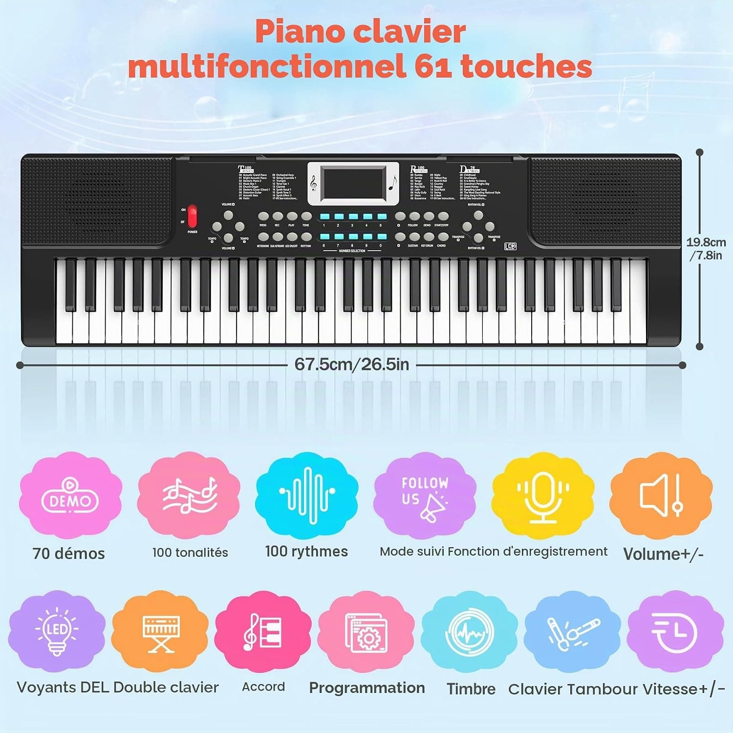 Enfants Piano Clavier 61 Touches Électronique Piano avec Touches Lumineuses | Clavier Musique de Jouets avec Micro, Double Haut-Parleur intégré, Modes d'apprentissage, Pupitre, Piano de 3 4 5 6 7 8 Ans