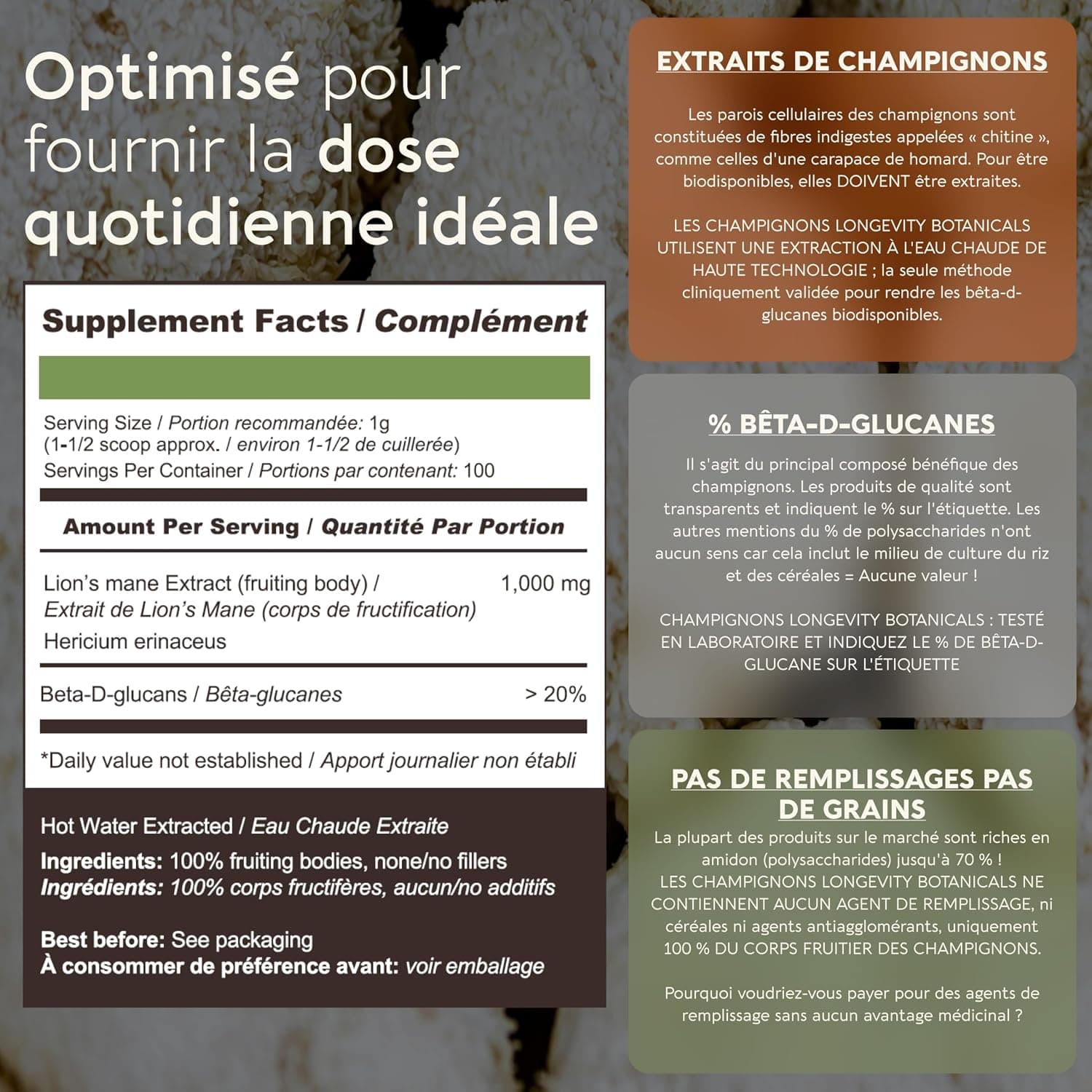 Naturel Lion's Mane Mushroom en poudre, extrait | Hericium erinaceus