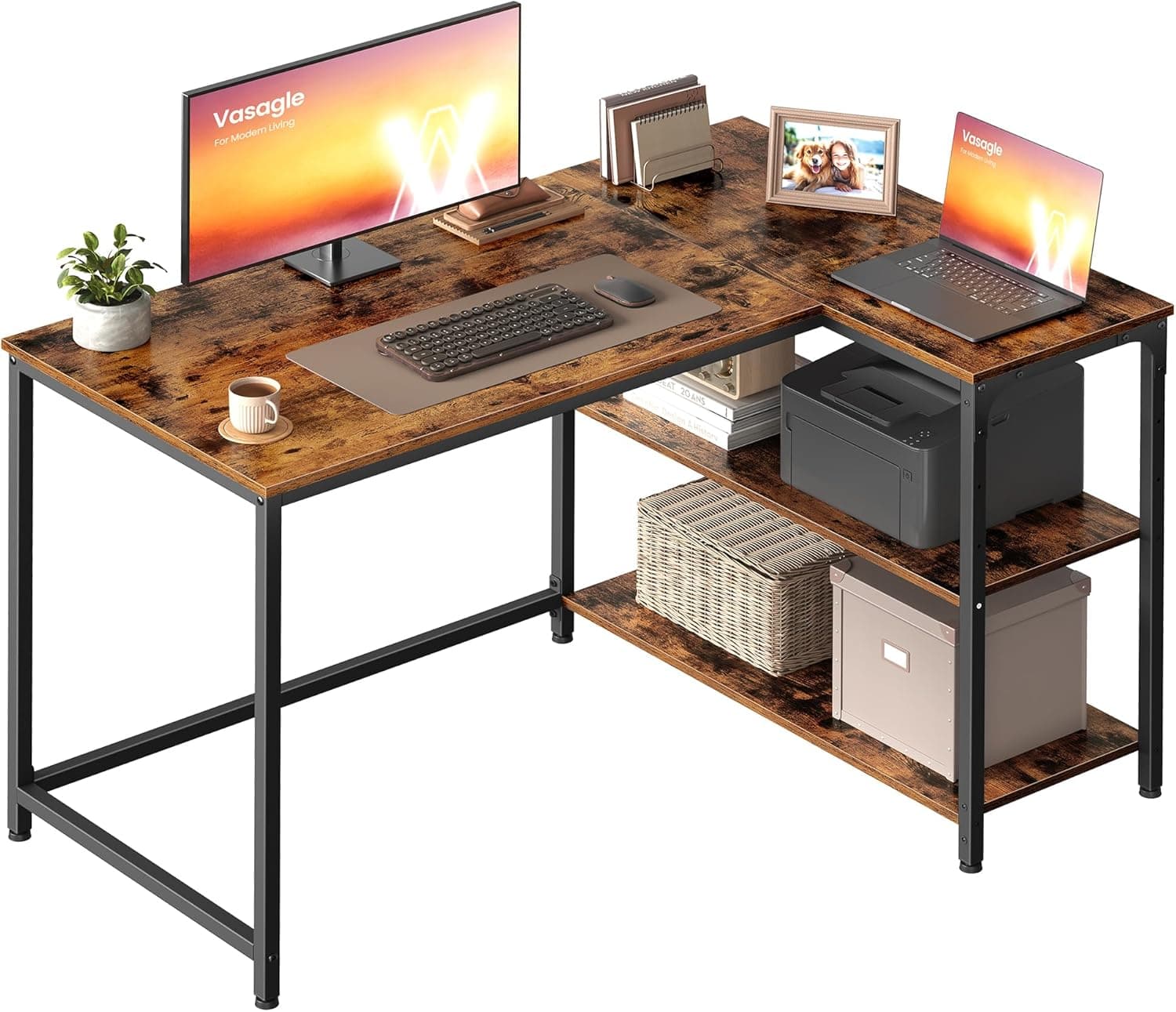 VASAGLE Bureau Gaming en L, avec Étagères, 110 x 80 cm