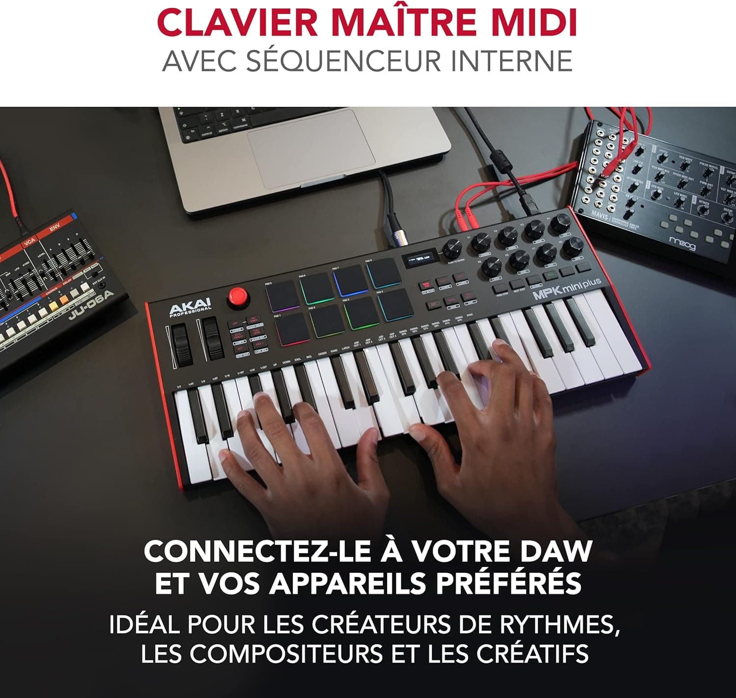 Akai Professional MPK Mini Plus Clavier MIDI USB 37 Touches | Touches Mini Sensibles à la Vélocité, 8 Pads MPC, Séquenceur 64 Pas, E/S MIDI/CV/Gate, Logiciels Inclus, pour Beatmakers