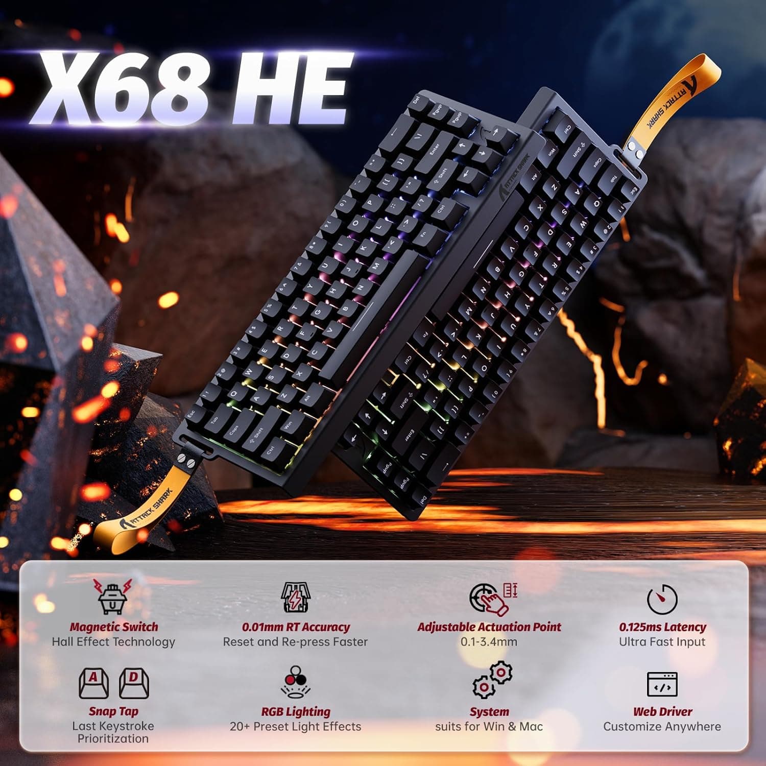 ATTACK SHARK X68 HE Clavier 8000Hz Rapid Trigger, Clavier Gamer Filaire RGB 60% avec Précision RT de 0,01 mm avec Interrupteur Magnétique, Actionnement Réglable, Snap Tap, pour PC/Mac, Noir