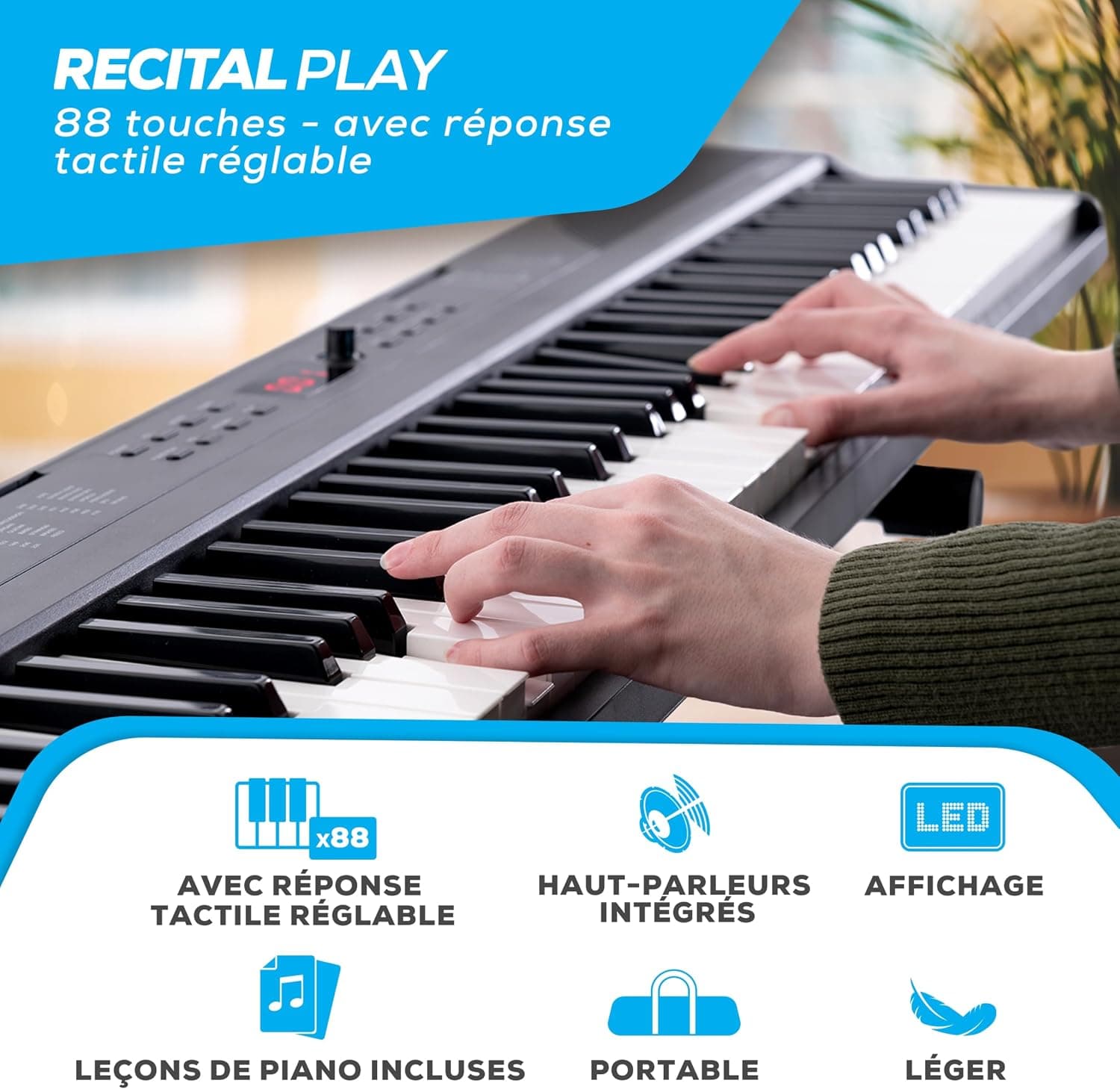 Alesis Recital Play Clavier Piano 88 Touches avec Accessoires | Portable, 480 Sons, Modes Split/Layer, Inclus Cours, Stand, Pédale de Sustain, Casque, Housse de Transport