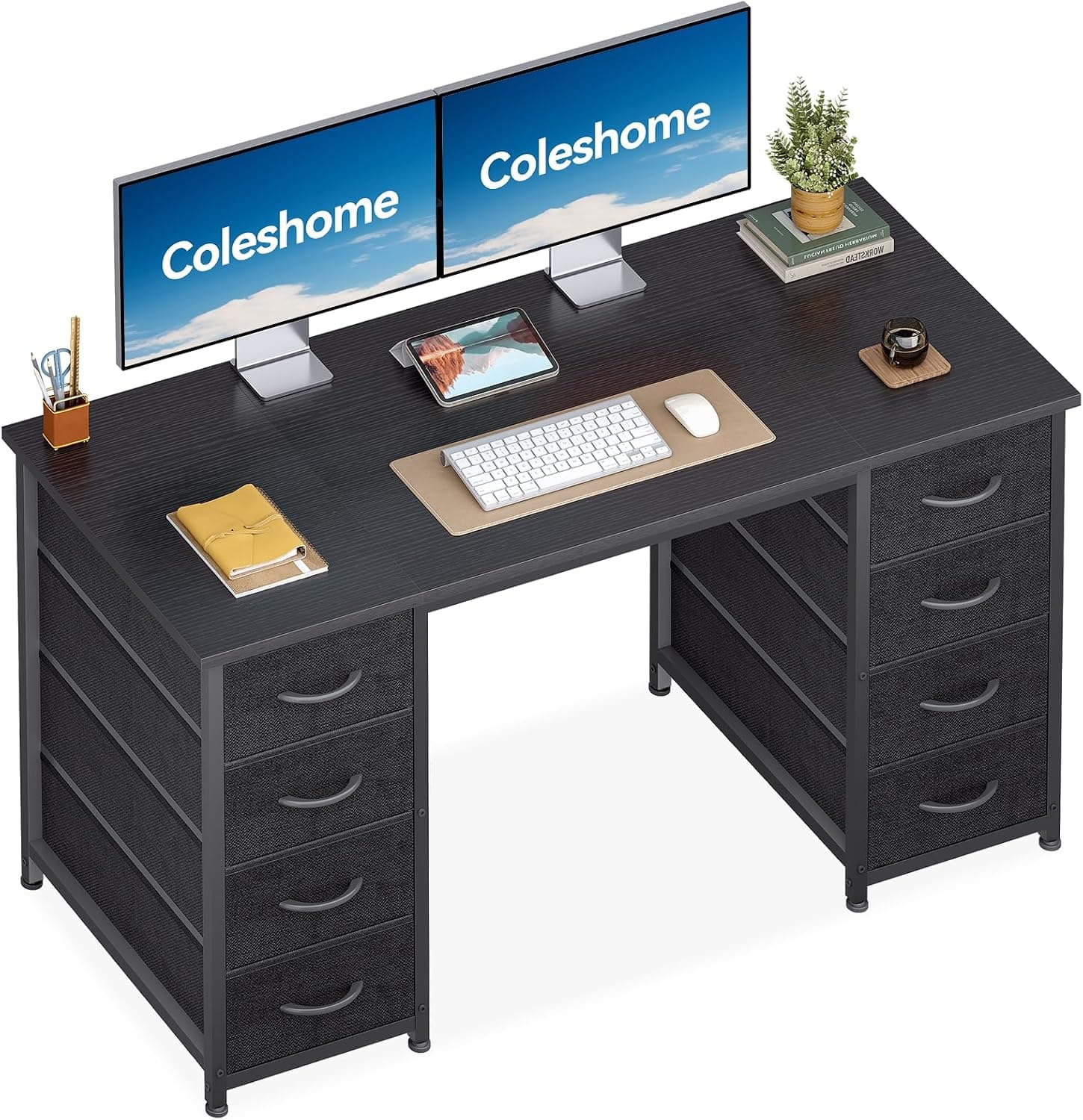 Coleshome Bureau avec 8 Tiroirs en Tissu, 120x48cm, Noir
