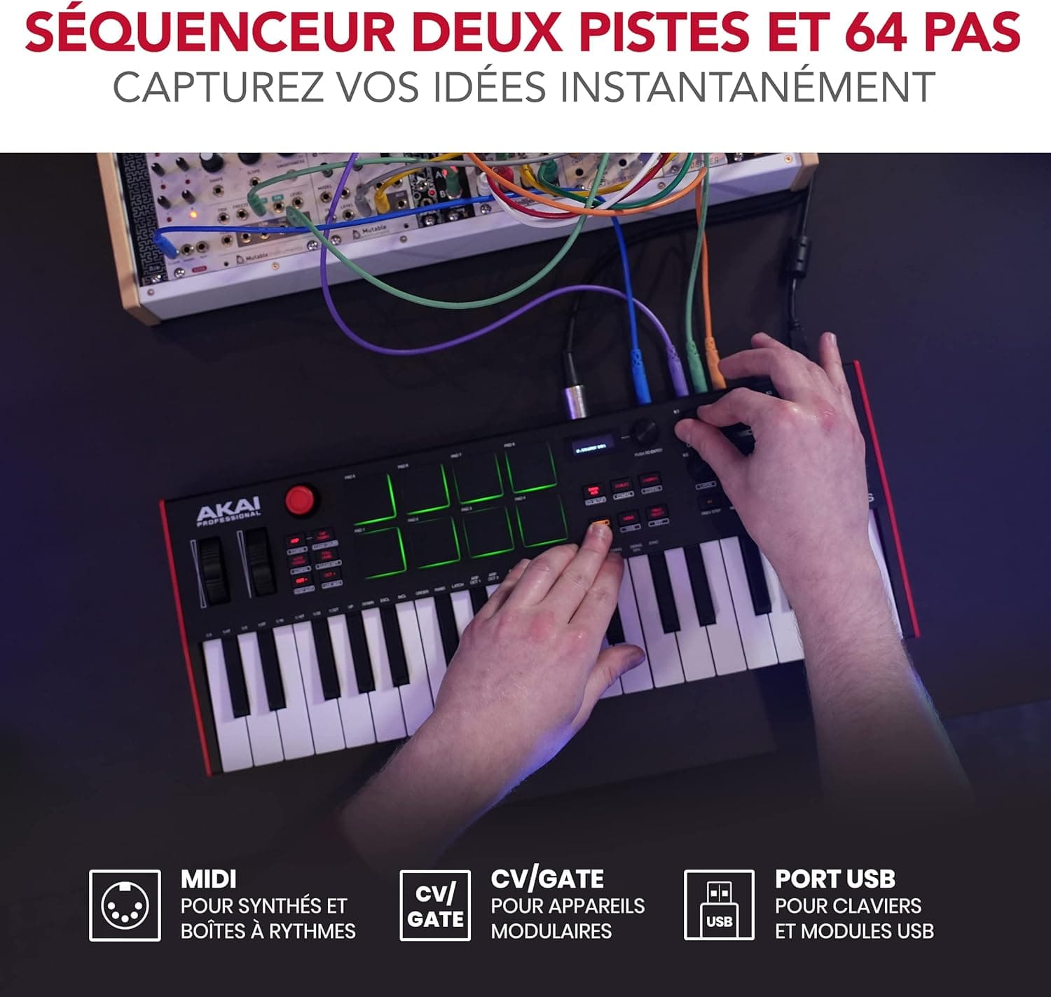 Akai Professional MPK Mini Plus Clavier MIDI USB 37 Touches | Touches Mini Sensibles à la Vélocité, 8 Pads MPC, Séquenceur 64 Pas, E/S MIDI/CV/Gate, Logiciels Inclus, pour Beatmakers