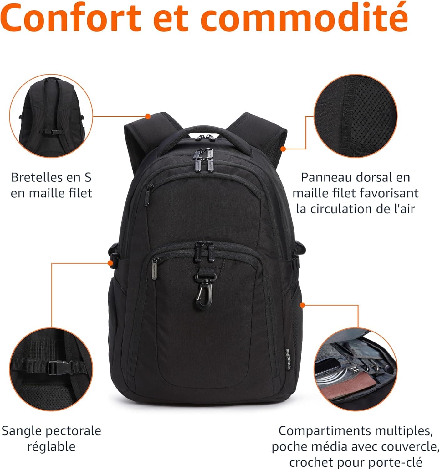 Amazon Basics Sac à dos de voyage pour ordinateur portable 17", Noir