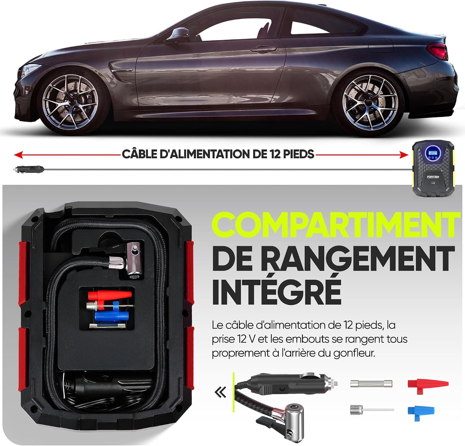 FORTEM Gonfleur pneus Voiture - Compresseur 12V - Compresseur à air portatif Automatique (150 PSI) - Gonfleur Pneu Voiture avec éclairage LED - Compresseurs d'air Portatifs - Moto & Vélo