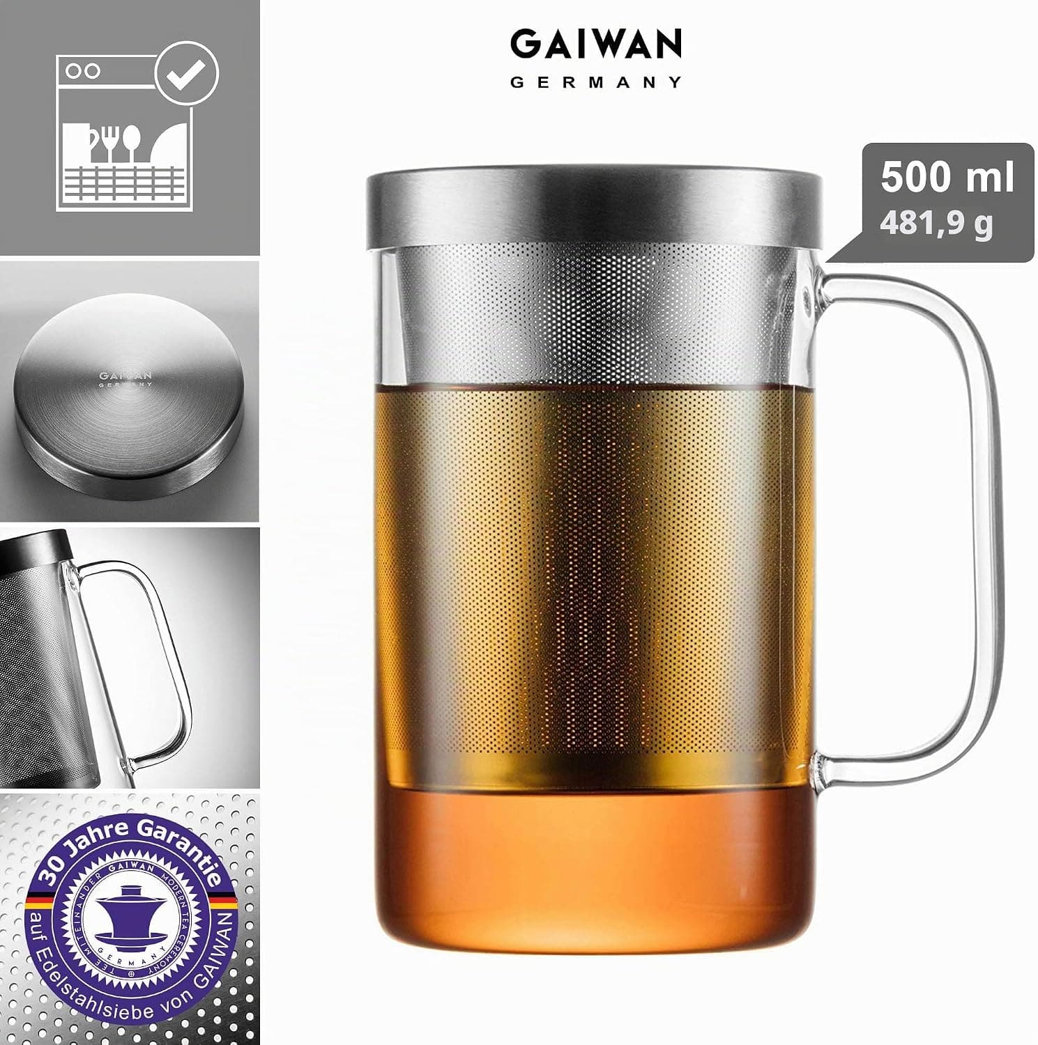GAIWAN PURE550S - Verre à thé avec crépine intégrée et couvercle - Passe au lave-vaisselle - Résistant à la chaleur