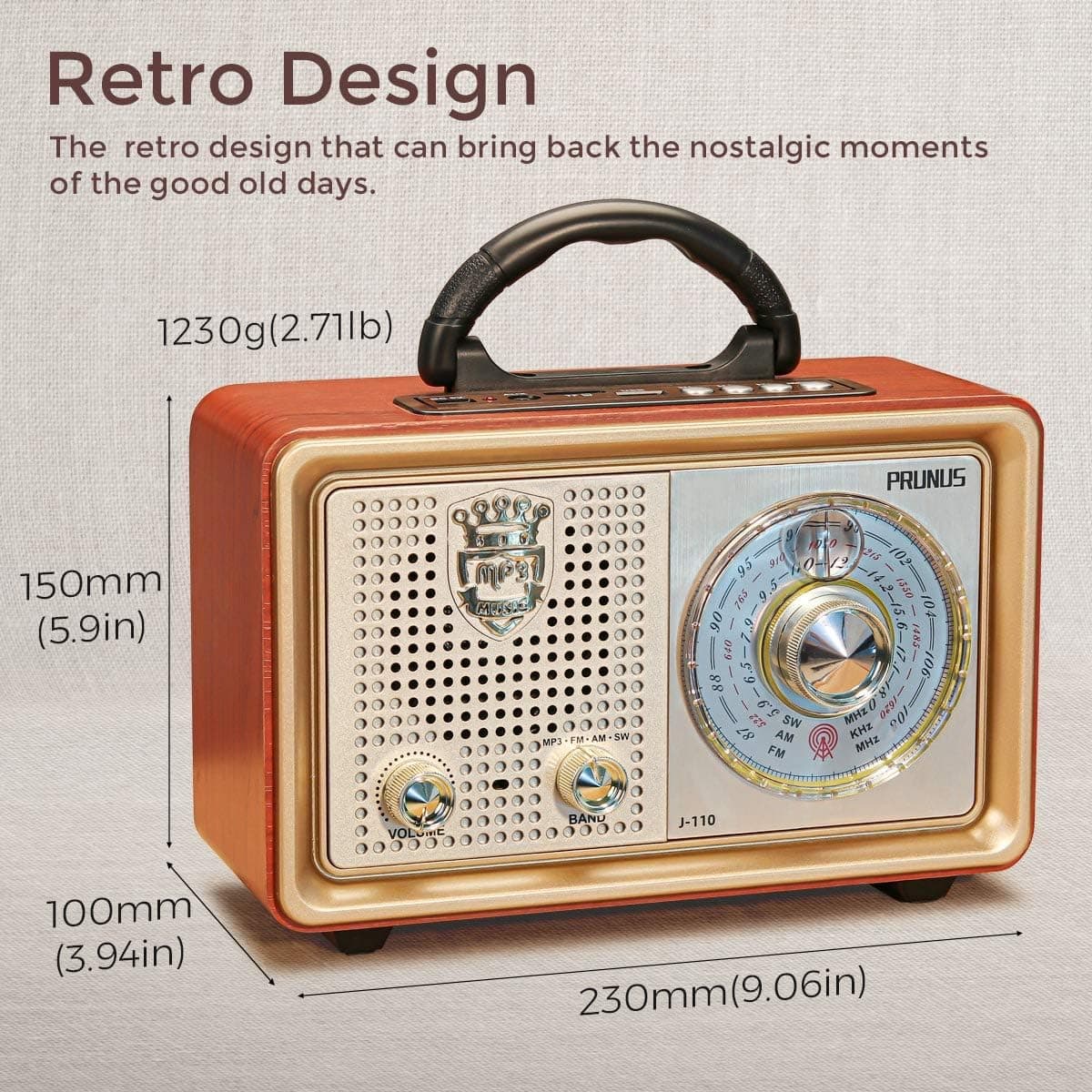 PRUNUS J-110 Radio Vintage AM/FM/SW, Rechargeable, Piles Et Secteur | Poste Radio Vintage avec Batterie 1200 mAh, Bluetooth, Piles Ou Secteur, Haut-Parleur 5 W Et Lecture USB