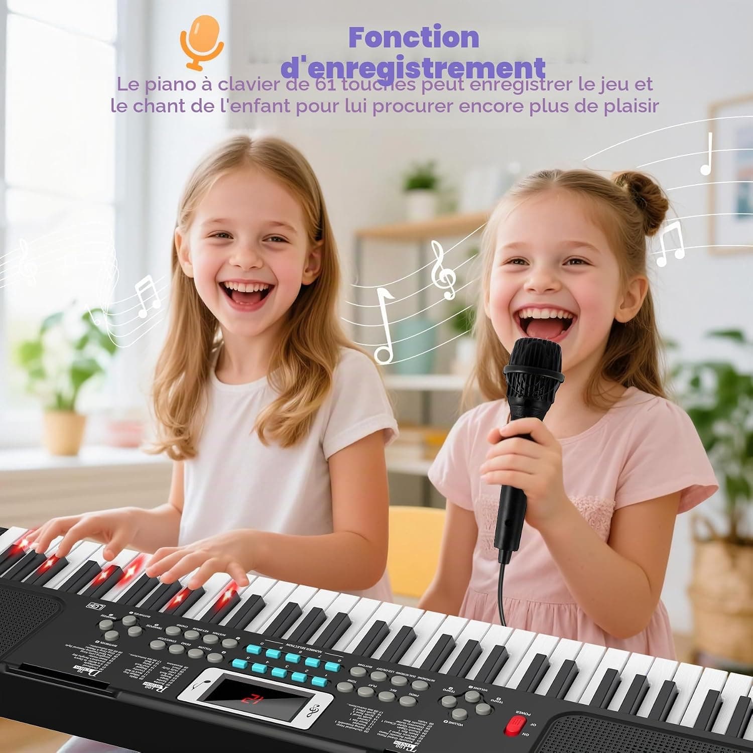 Enfants Piano Clavier 61 Touches Électronique Piano avec Touches Lumineuses | Clavier Musique de Jouets avec Micro, Double Haut-Parleur intégré, Modes d'apprentissage, Pupitre, Piano de 3 4 5 6 7 8 Ans