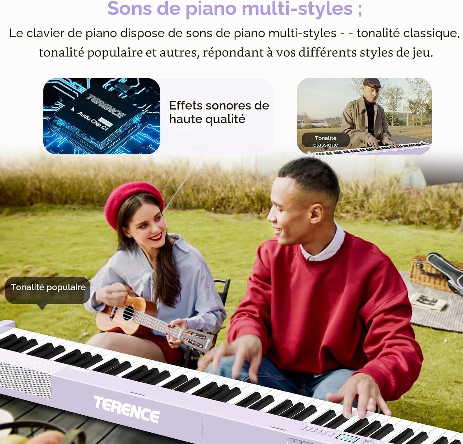 TERENCE Pliable Piano Numérique 88 touches avec Haut parleur 2x5W Batterie de 1800mAh lestées Pédale de Sustain interface MIDI avec support de partitions Bluetooth Sacs pour Piano Câble audio Violet | Keyboard Piano avec pupitre, autocollant, câble audio. Parfait pour les débutants, à la maison ou en déplacement