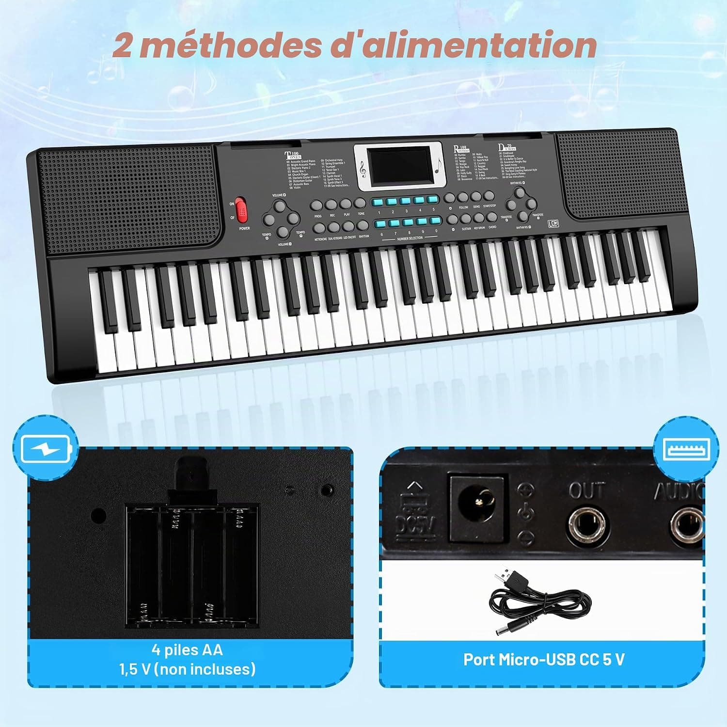 Enfants Piano Clavier 61 Touches Électronique Piano avec Touches Lumineuses | Clavier Musique de Jouets avec Micro, Double Haut-Parleur intégré, Modes d'apprentissage, Pupitre, Piano de 3 4 5 6 7 8 Ans
