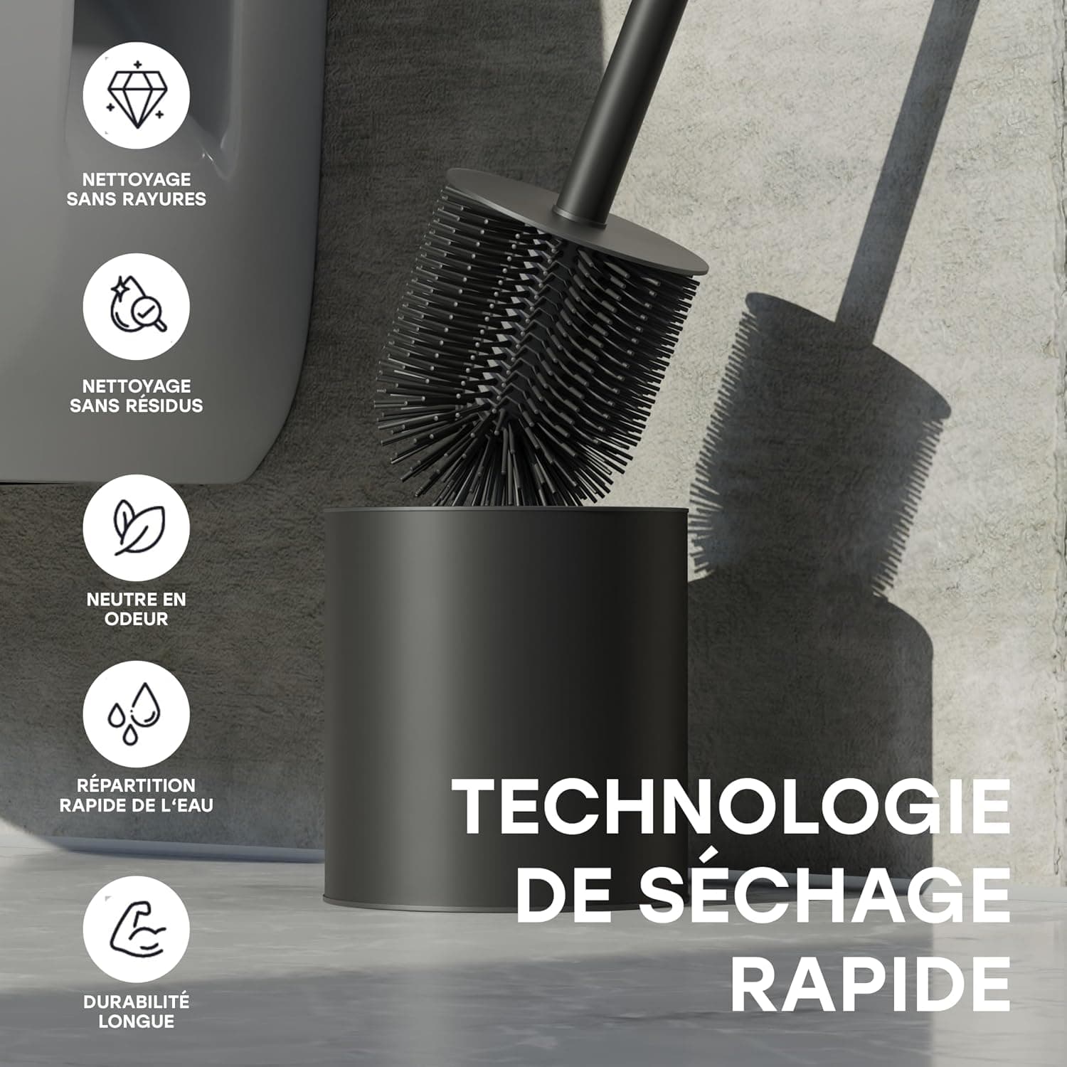 SAVEGA Balayette WC Silicone – Brosse Toilettes WC Noir Mat avec Support Acier INOX et Couvercle Anti-Éclaboussures – Design Élégant et Pratique