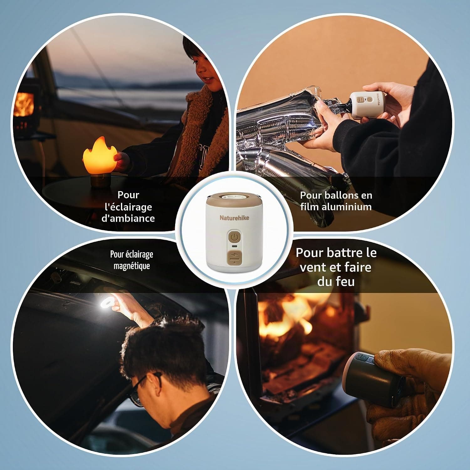Naturehike Wind-Mini 1600 mAh Pompe à air à Batterie Rechargeable USB-C Mini Pompe à air de Camping Pompe à air électrique portative éclairée Pompe à air sur Coussin d'air avec 6 Buses d'air
