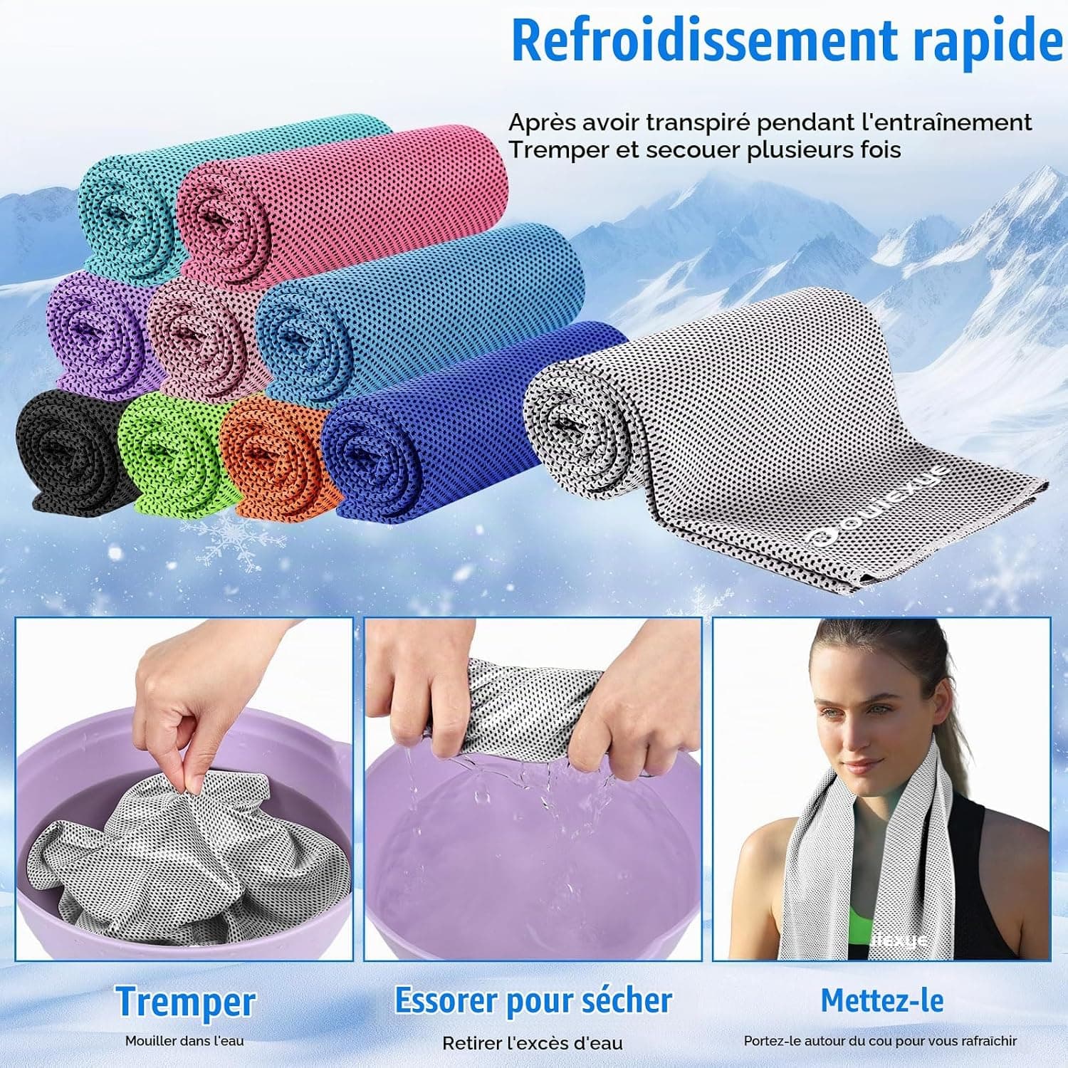 Lot de 10 serviettes rafraîchissantes 100 x 30 cm, serviette de refroidissement en microfibre, 10 couleurs, serviette rafraîchissante à refroidissement instantané pour le sport, le fitness