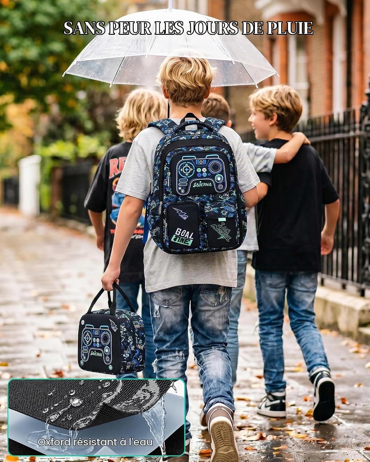 Amythe Cartable École Garçons Classes de 3 à 9 3 pièces Voyage Set, Noir | 3 pièces Grand Imperméable Bretelle Poitrine Compartiment Laptop Noir Daypack Multi-Poches Spacieux Robuste pour École
