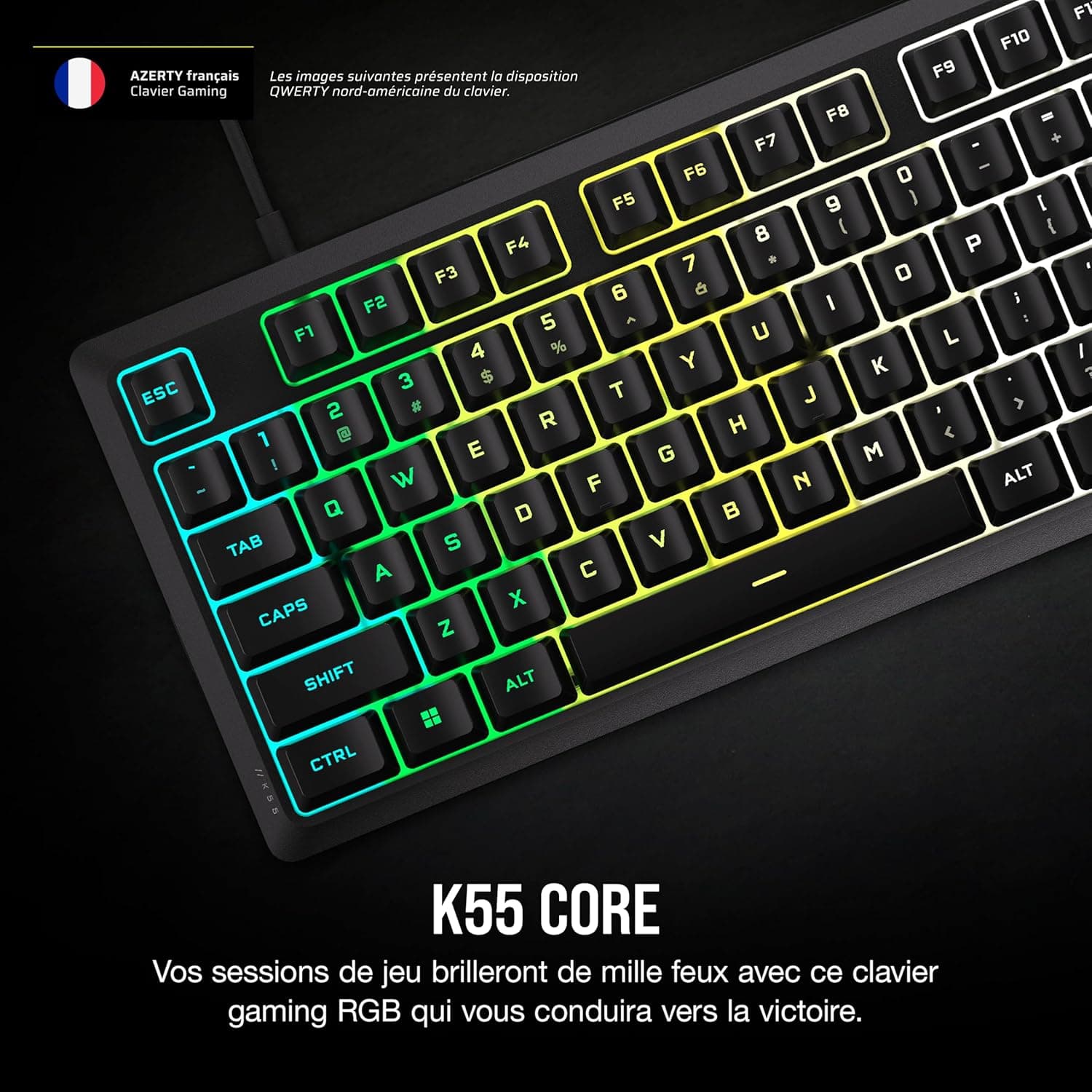 Corsair K55 Core RGB Clavier de Jeu Filaire à Membrane (AZERTY FR) – Noir | Commutateurs Réactifs, Résistance Aux éclaboussures, Ten-Zone RGB, Touches Multimédia, Compatible iCUE, PC, Mac
