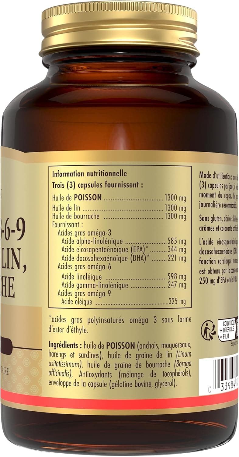 Solgar Omega 3-6-9 - Cardiovasculaire - Acides Gras - Poisson, Lin, Bourrache - Complément Alimentaire - Flacon de 60 capsules
