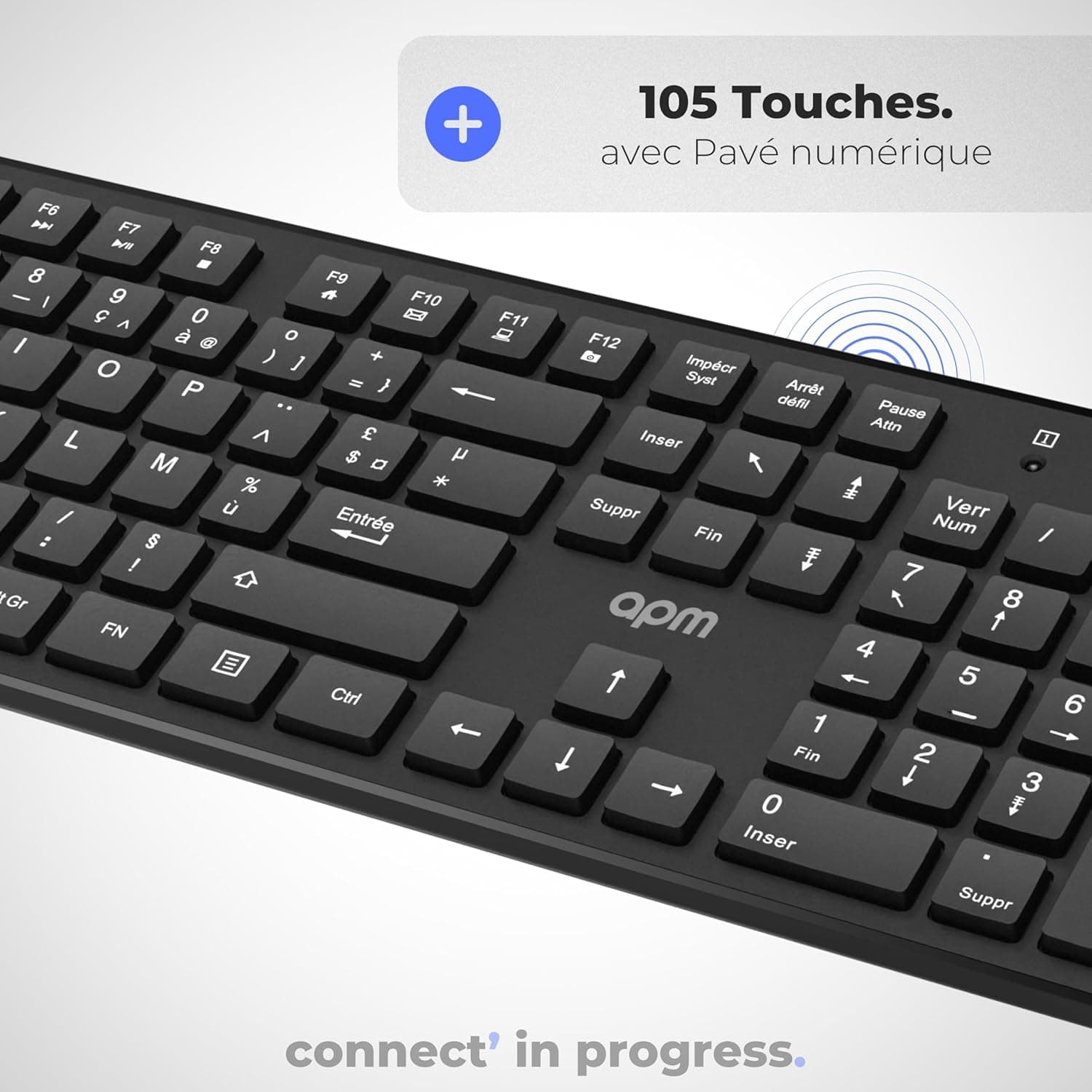 APM Clavier Sans-Fil, 2.4GHz, AZERTY, 105 Touches Ergonomiques, Raccourcis Multimédias, Compatible avec Ordinateur PC Portable MacOS Windows Linux, 100041
