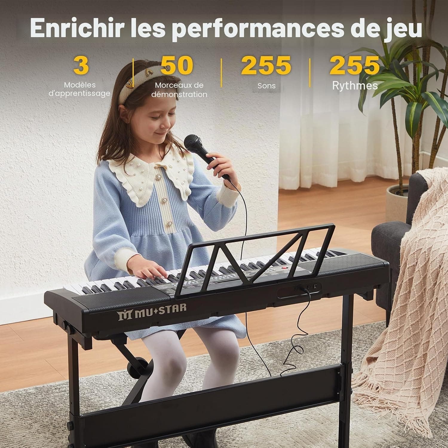 MUSTAR Piano à clavier lumineux 61 touches, clavier numérique pour débutants, piano électrique avec enseignement intelligent, support, tabouret, casque (Noir)