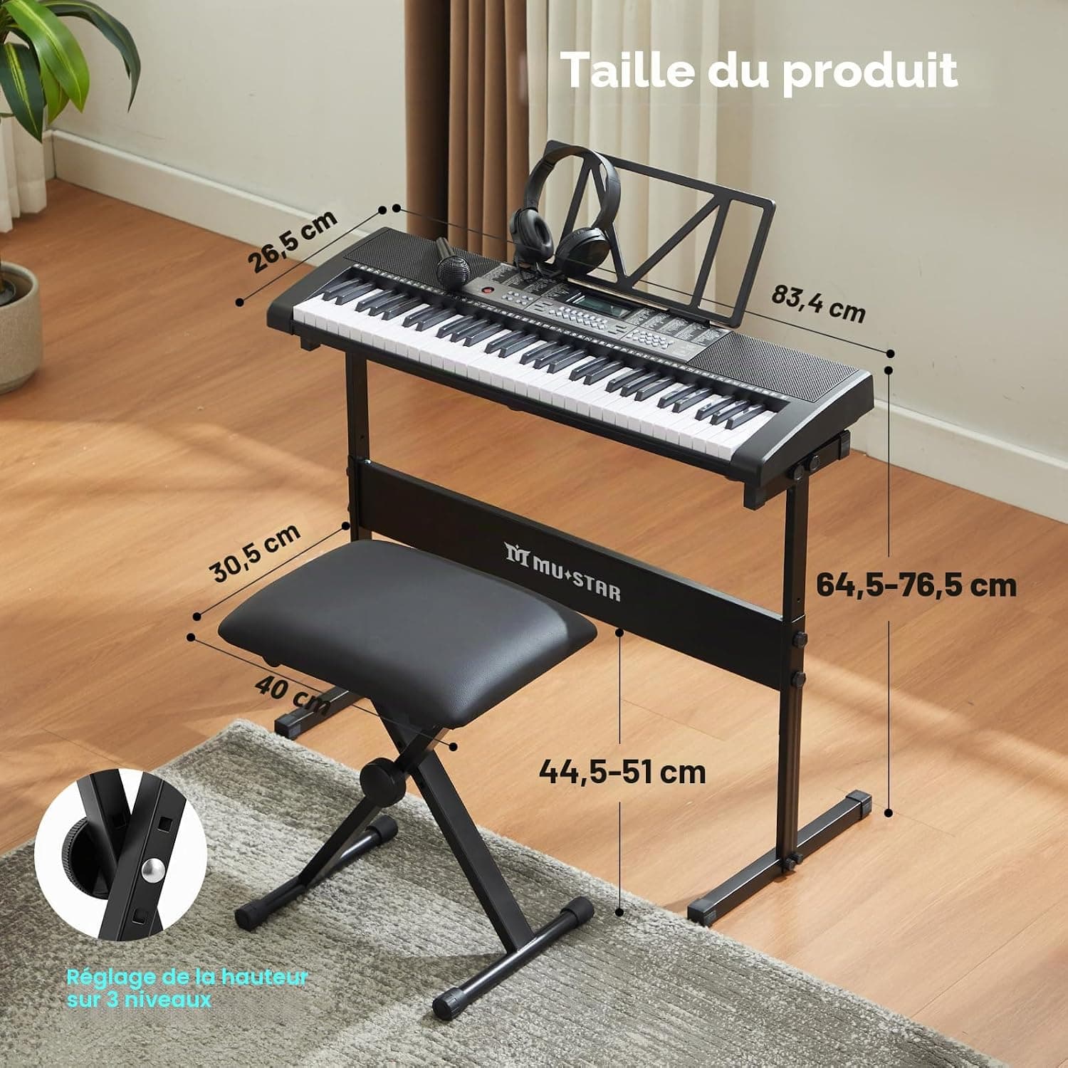 MUSTAR Piano à clavier lumineux 61 touches, clavier numérique pour débutants, piano électrique avec enseignement intelligent, support, tabouret, casque (Noir)