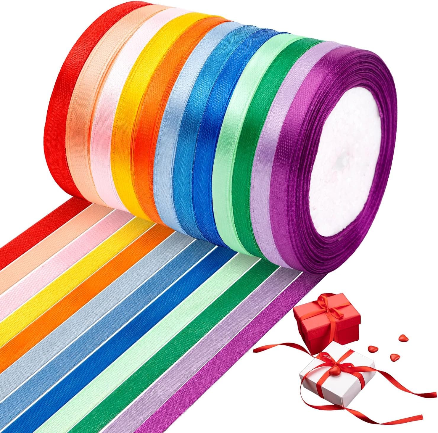 Ruban Satin 12 Couleurs Ruban Tissu de Satin Ruban de Noël Ruban d'emballage DIY Ruban en Satin Décoration Cadeau pour Couture, Ballons, Mariage, Emballage Cadeau, Bouquet, DIY Artisanat