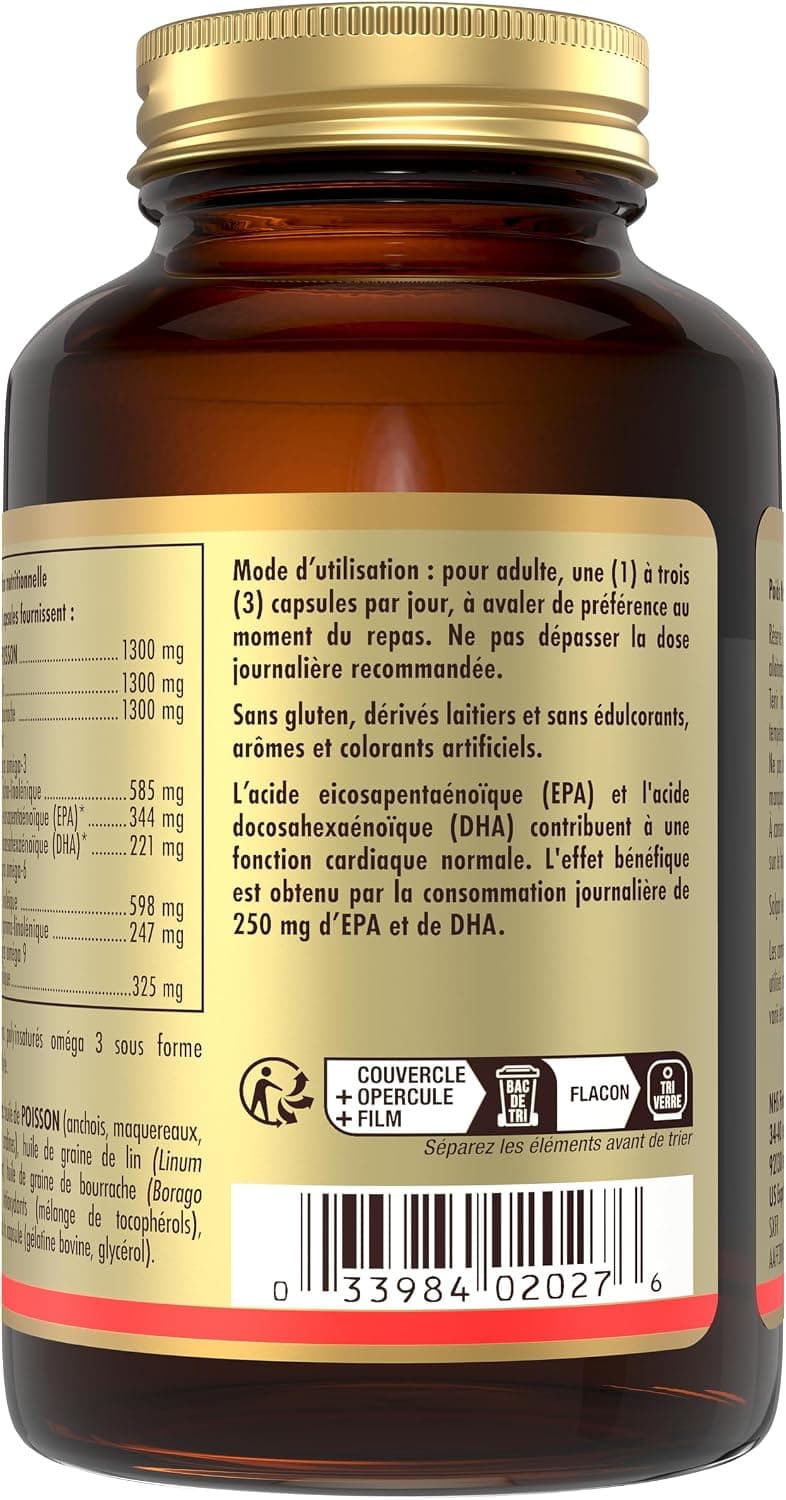 Solgar Omega 3-6-9 - Cardiovasculaire - Acides Gras - Poisson, Lin, Bourrache - Complément Alimentaire - Flacon de 60 capsules