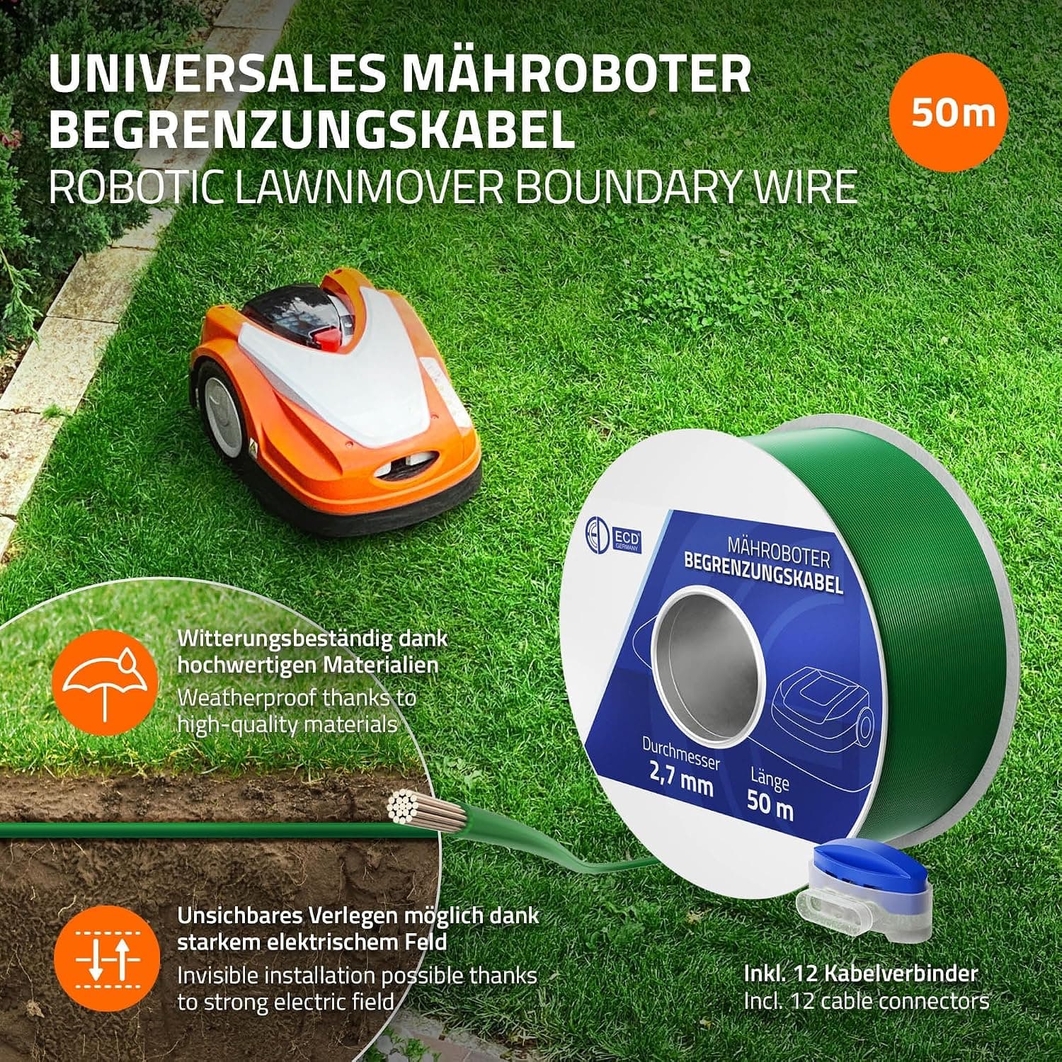 Câble de délimitation universel pour robot tondeuse ECD Germany, 12 connecteurs, Ø2,7 mm, cuivre étamé